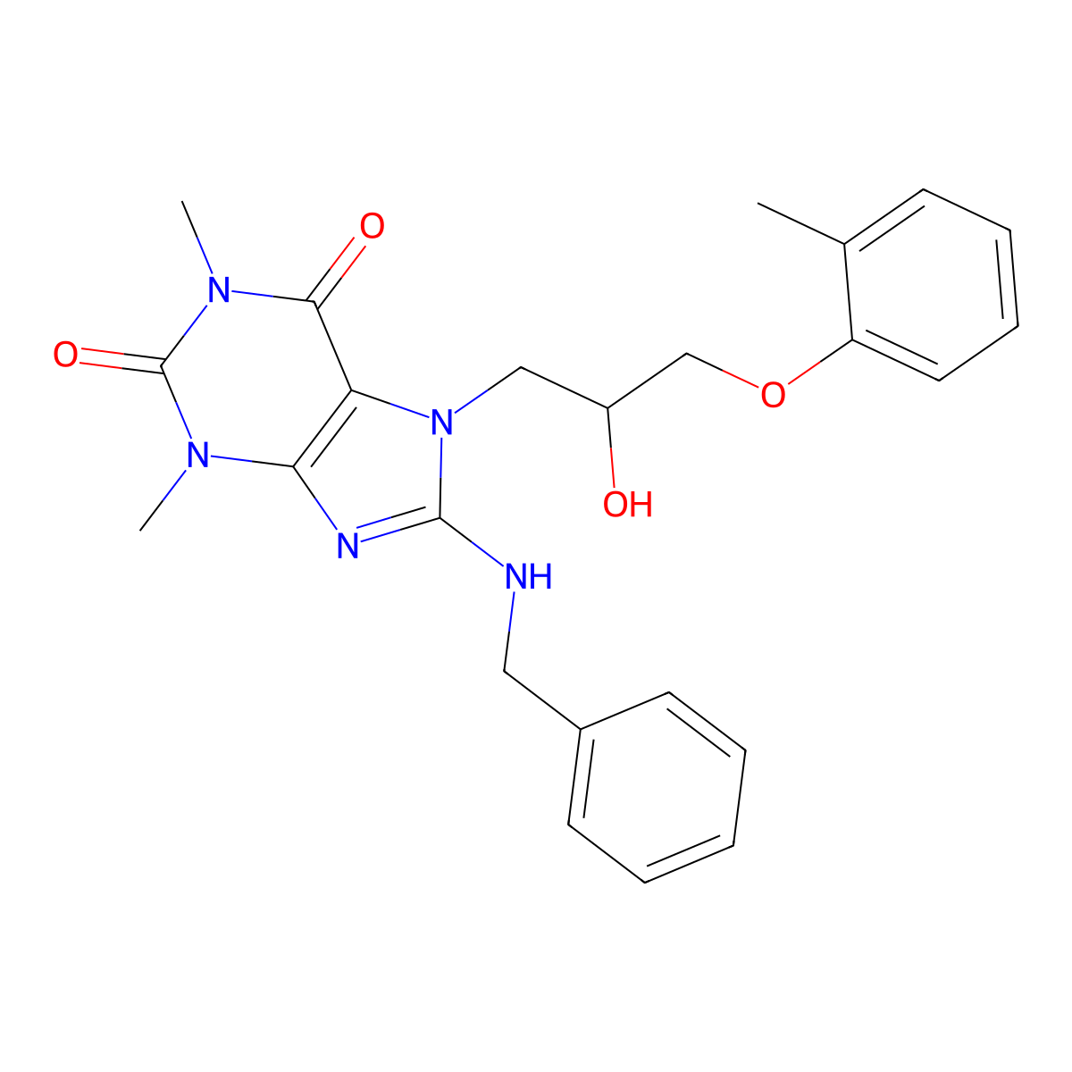 8-(benzylamino)-7-(2-hydroxy-3-(o-tolyloxy)propyl)-1,3-dimethyl-1H-purine-2,6(3H,7H)-dione molecular structure, CAS 333305-38-7