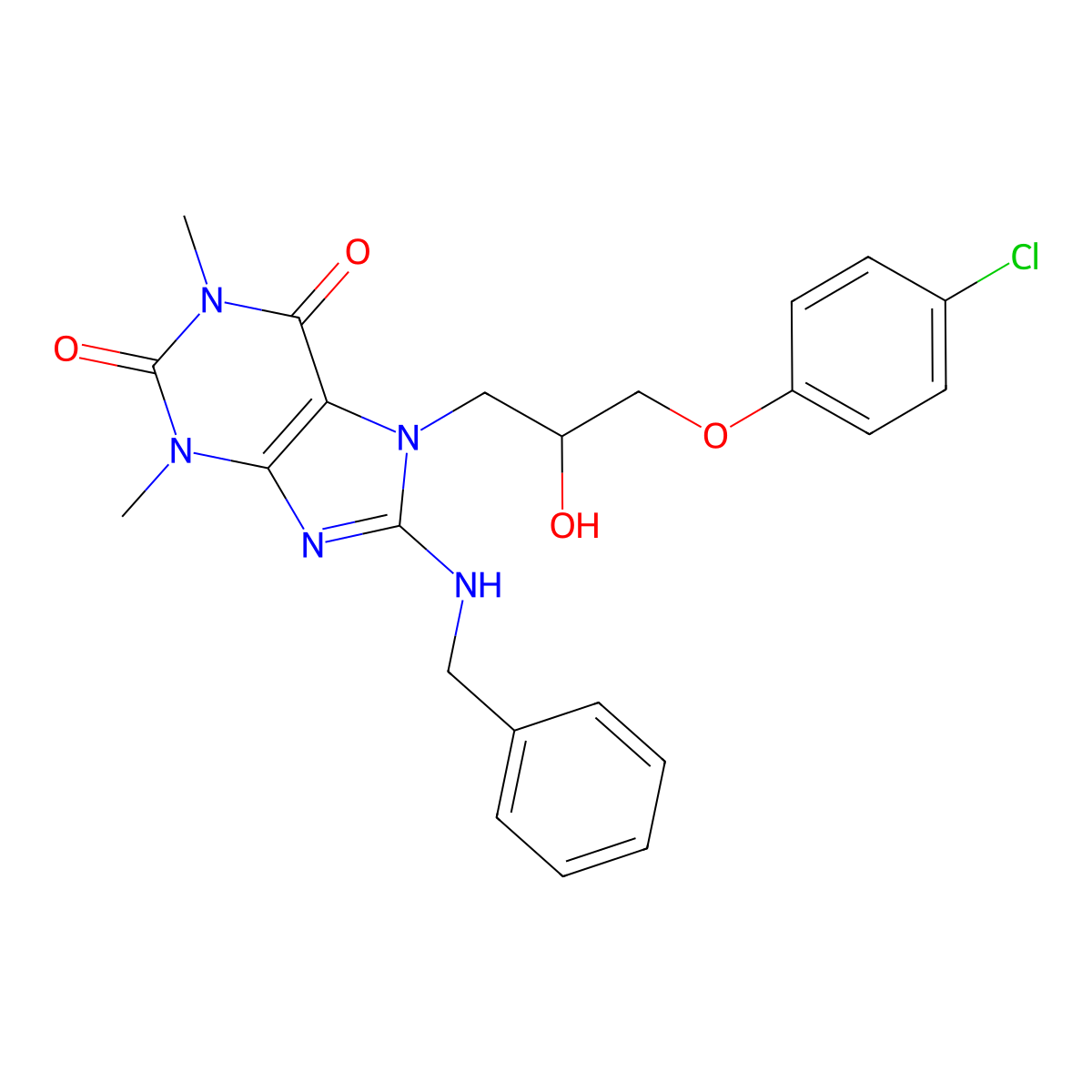 8-(benzylamino)-7-(3-(4-chlorophenoxy)-2-hydroxypropyl)-1,3-dimethyl-1H-purine-2,6(3H,7H)-dione molecular structure, CAS 333305-41-2