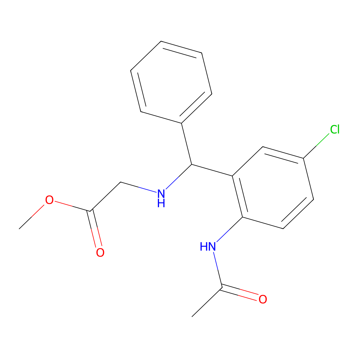Methyl 2-(((2-acetamido-5-chlorophenyl)(phenyl)methyl)amino)acetate molecular structure, CAS 333306-47-1