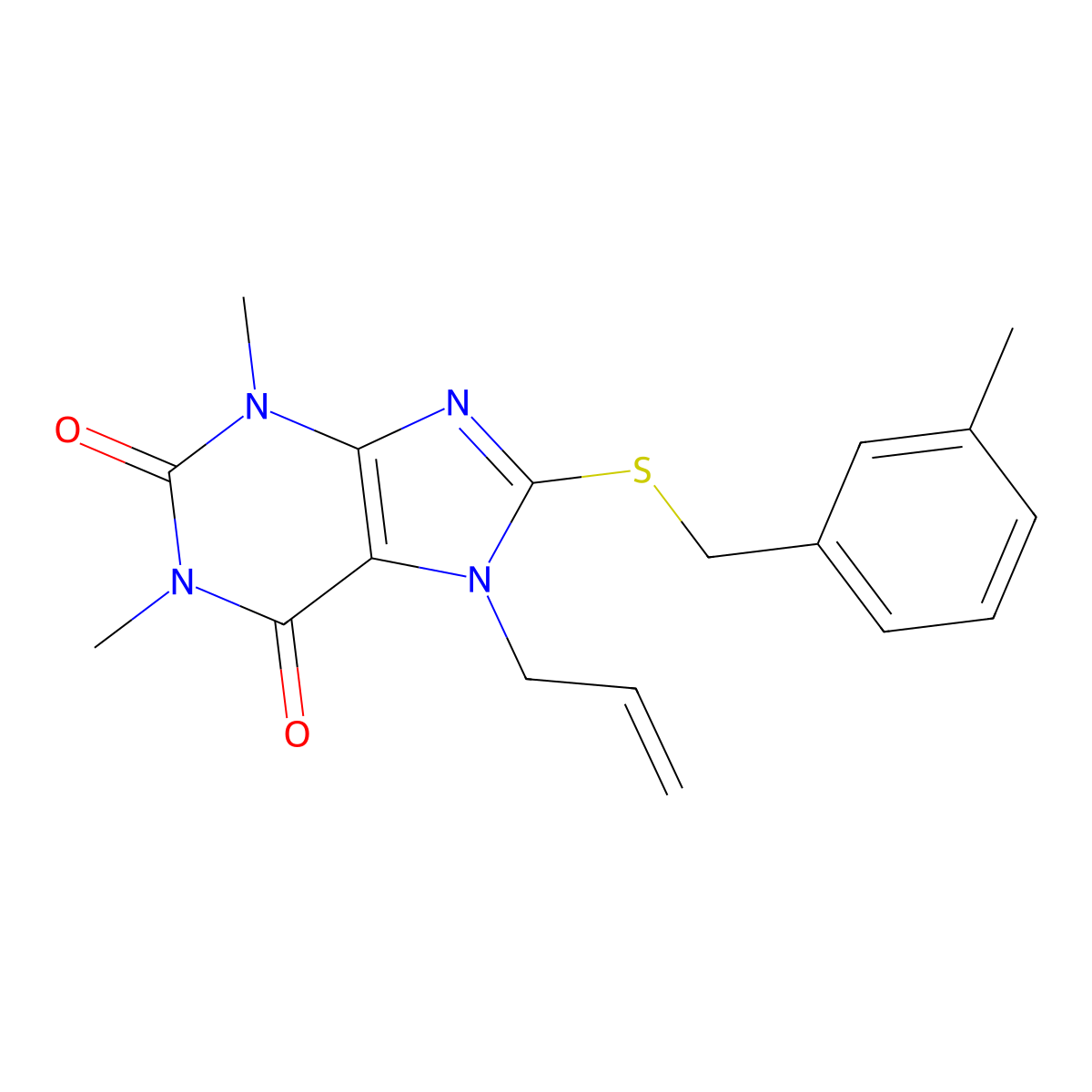 1,3-Dimethyl-8-[(3-methylphenyl)methylsulfanyl]-7-prop-2-enylpurine-2,6-dione molecular structure, CAS 333306-71-1