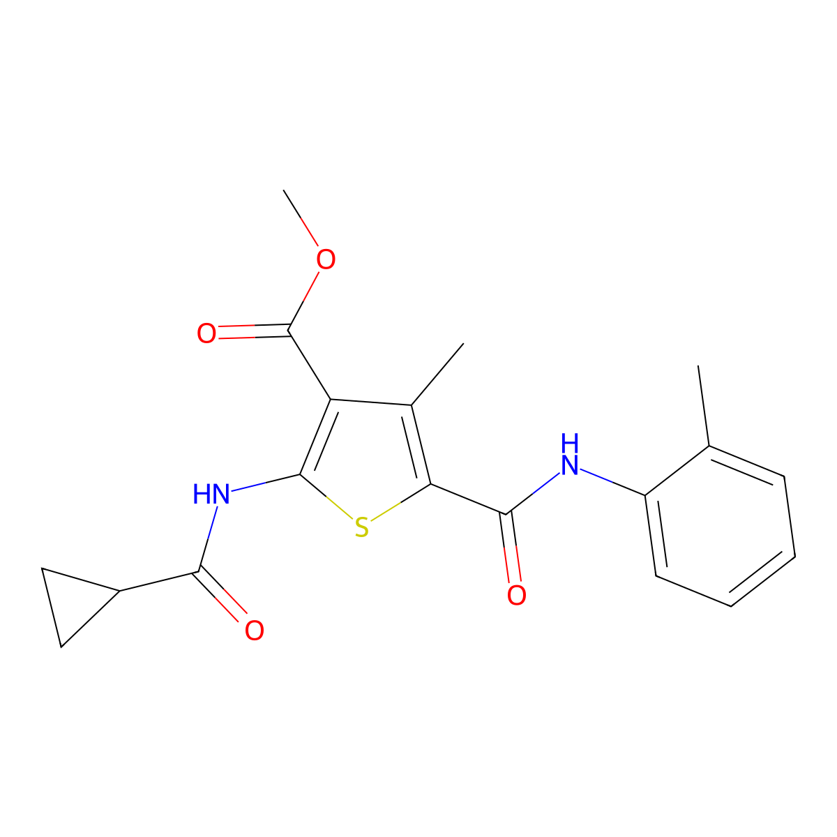 Methyl 2-(cyclopropanecarbonylamino)-4-methyl-5-[(2-methylphenyl)carbamoyl]thiophene-3-carboxylate molecular structure, CAS 333307-97-4