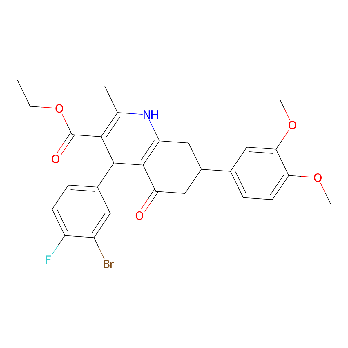 Ethyl 4-(3-bromo-4-fluorophenyl)-7-(3,4-dimethoxyphenyl)-2-methyl-5-oxo-1,4,5,6,7,8-hexahydroquinoline-3-carboxylate molecular structure, CAS 333308-94-4