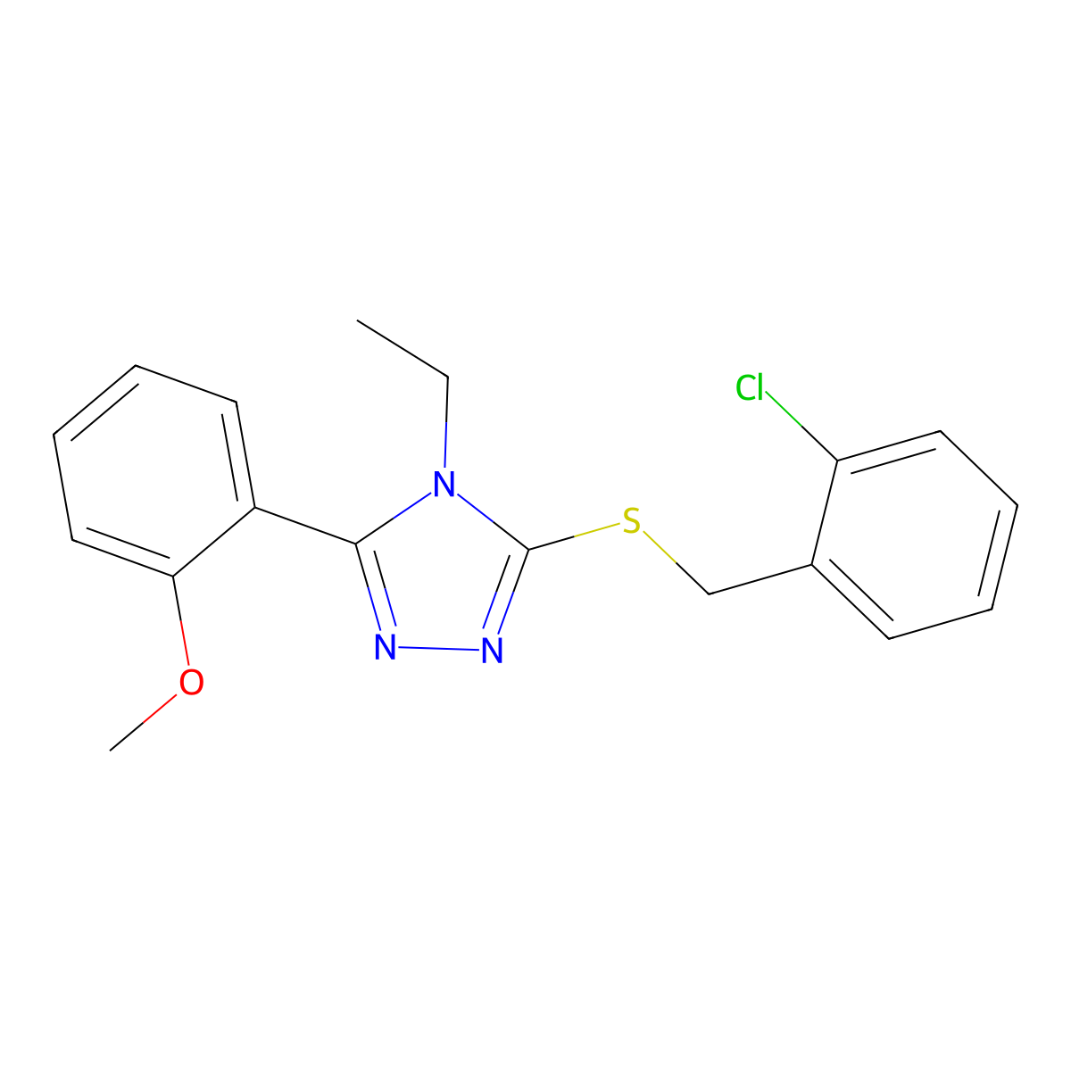 3-[(2-Chlorophenyl)methylsulfanyl]-4-ethyl-5-(2-methoxyphenyl)-1,2,4-triazole molecular structure, CAS 333313-13-6