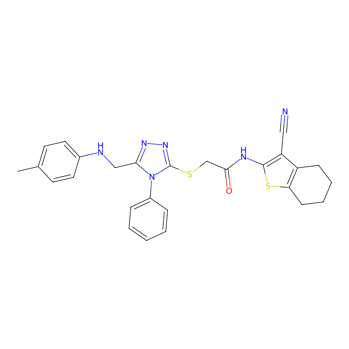 N-(3-Cyano-4,5,6,7-tetrahydrobenzo[b]thiophen-2-yl)-2-((4-phenyl-5-((p-tolylamino)methyl)-4H-1,2,4-triazol-3-yl)thio)acetamide molecular structure, CAS 333313-72-7