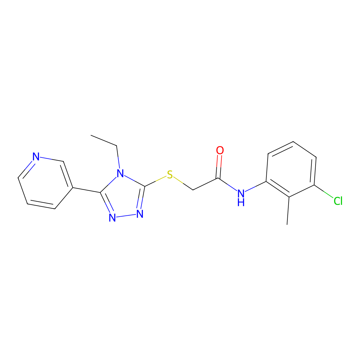 N-(3-Chloro-2-methylphenyl)-2-((4-ethyl-5-(3-pyridinyl)-4H-1,2,4-triazol-3-YL)sulfanyl)acetamide molecular structure, CAS 333331-41-2