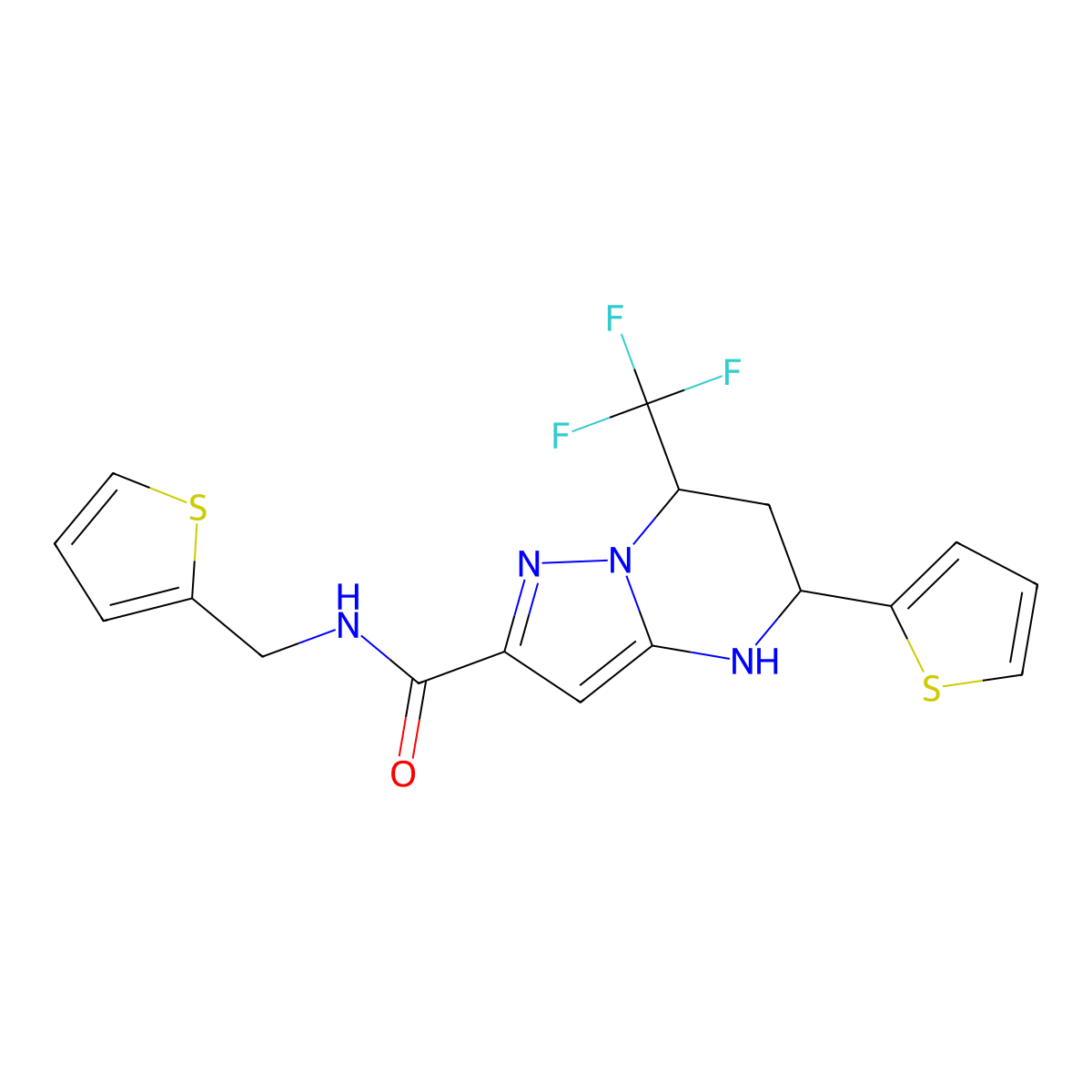 5-(thiophen-2-yl)-N-(thiophen-2-ylmethyl)-7-(trifluoromethyl)-4,5,6,7-tetrahydropyrazolo[1,5-a]pyrimidine-2-carboxamide molecular structure, CAS 333338-51-5