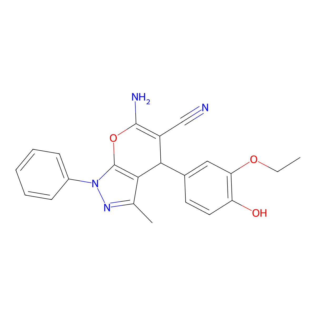 6-Amino-4-(3-ethoxy-4-hydroxyphenyl)-3-methyl-1-phenyl-1,4-dihydropyrano[2,3-c]pyrazole-5-carbonitrile molecular structure, CAS 333341-50-7