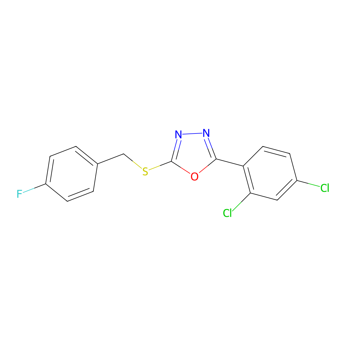 5-(2,4-Dichlorophenyl)-1,3,4-oxadiazol-2-yl 4-fluorobenzyl sulfide molecular structure, CAS 333353-65-4