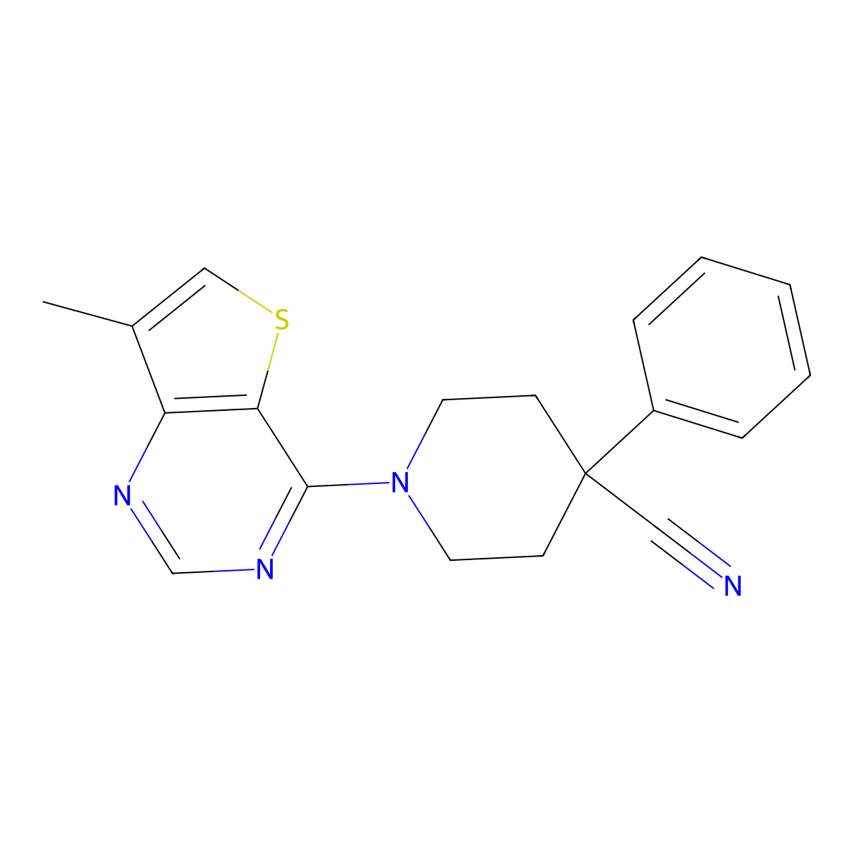 1-{7-Methylthieno[3,2-d]pyrimidin-4-yl}-4-phenylpiperidine-4-carbonitrile molecular structure, CAS 333385-61-8