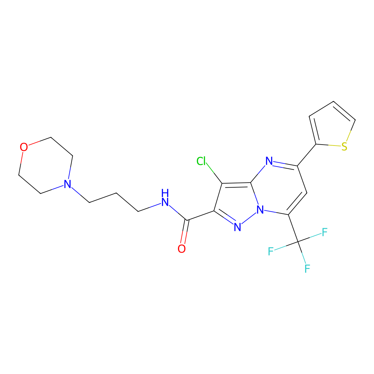 3-chloro-N-(3-morpholin-4-ylpropyl)-5-thiophen-2-yl-7-(trifluoromethyl)pyrazolo[1,5-a]pyrimidine-2-carboxamide molecular structure, CAS 333395-84-9