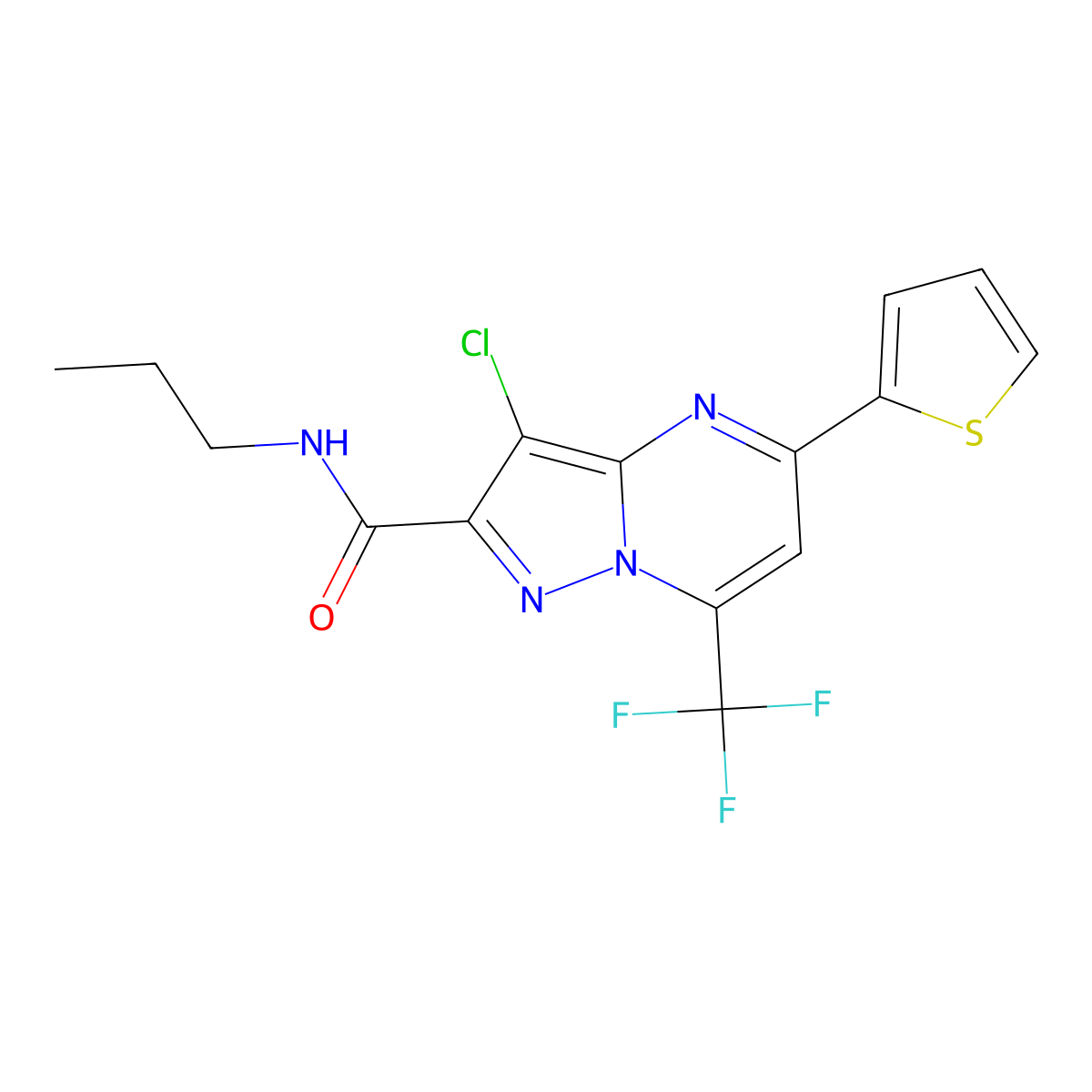 3-chloro-N-propyl-5-thiophen-2-yl-7-(trifluoromethyl)pyrazolo[1,5-a]pyrimidine-2-carboxamide molecular structure, CAS 333396-02-4