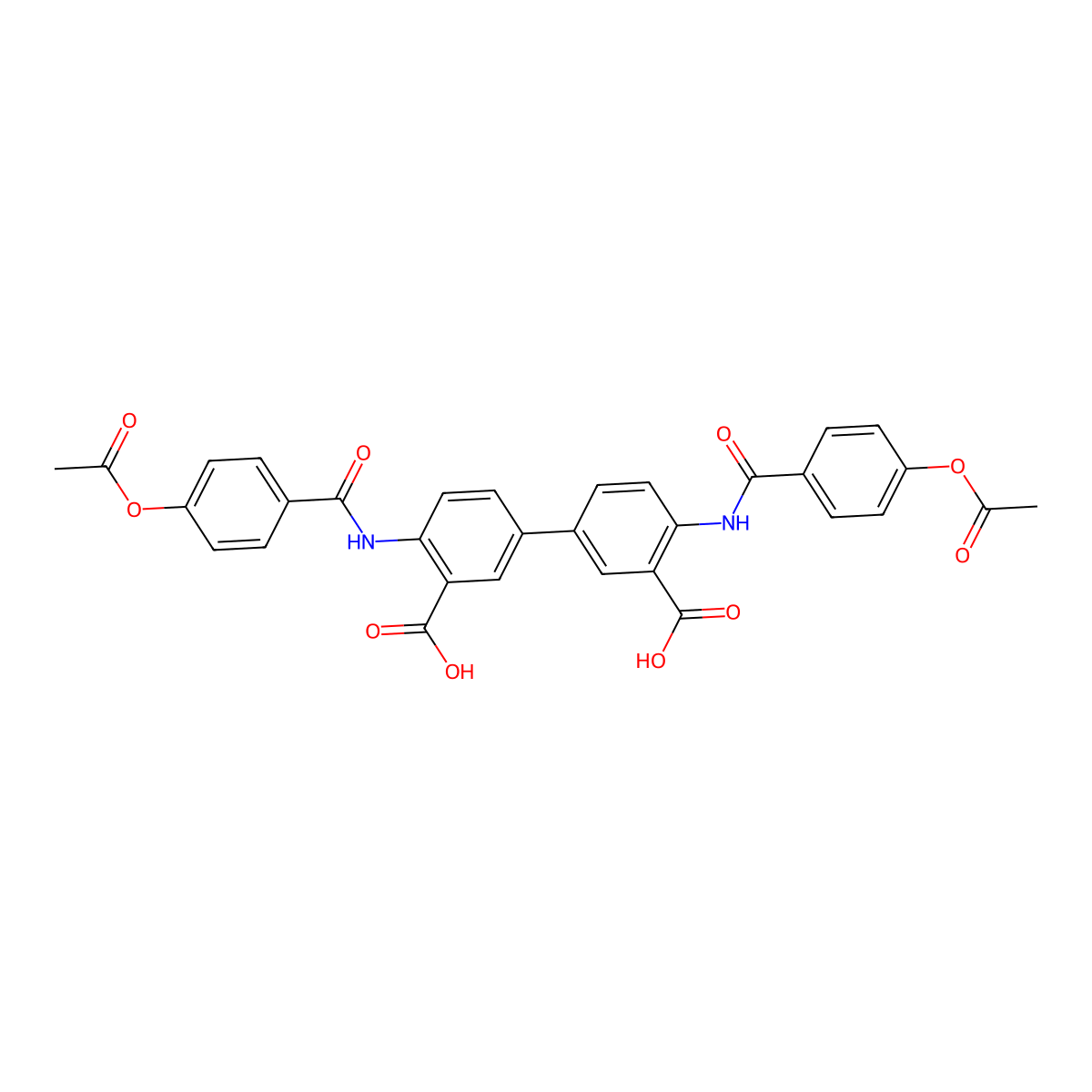 4,4'-Bis({[4-(acetyloxy)phenyl]carbonyl}amino)biphenyl-3,3'-dicarboxylic acid molecular structure, CAS 333396-34-2
