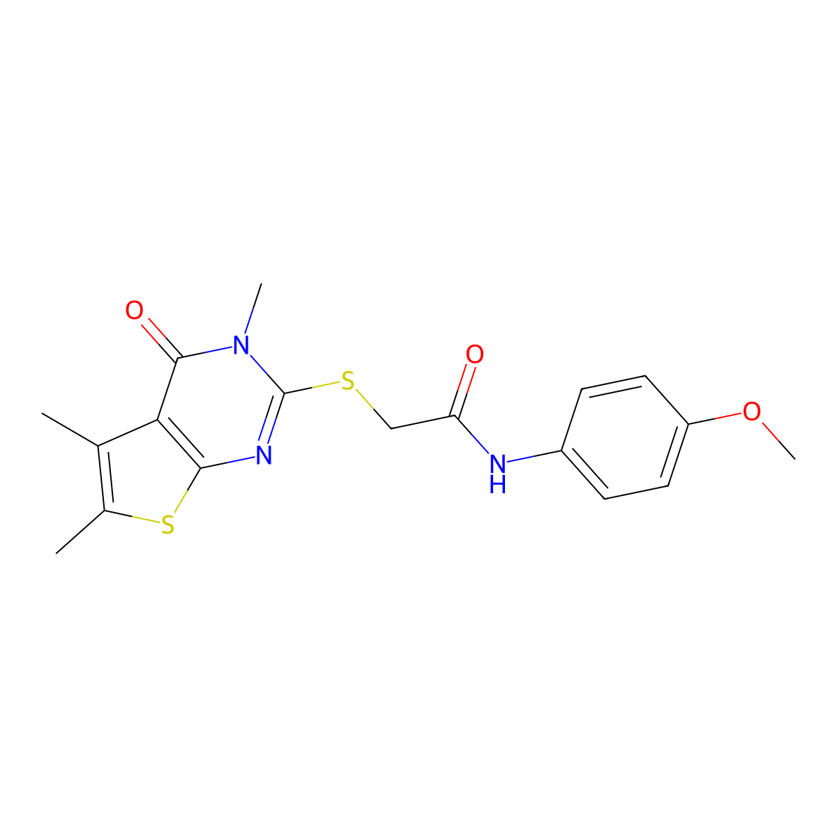 N-(4-methoxyphenyl)-2-(3,5,6-trimethyl-4-oxo(3-hydrothiopheno[2,3-d]pyrimidin-2-ylthio))acetamide molecular structure, CAS 333406-16-9