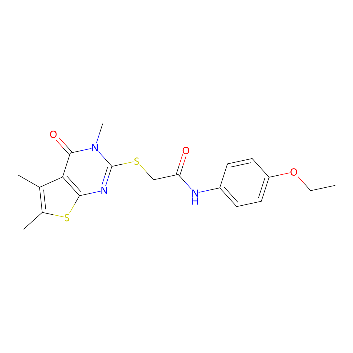 N-(4-ethoxyphenyl)-2-(3,5,6-trimethyl-4-oxo(3-hydrothiopheno[2,3-d]pyrimidin-2-ylthio))acetamide molecular structure, CAS 333406-27-2