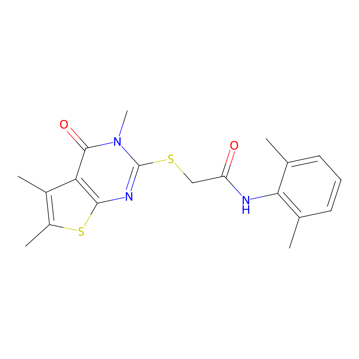 N-(2,6-dimethylphenyl)-2-(3,5,6-trimethyl-4-oxo(3-hydrothiopheno[2,3-d]pyrimid in-2-ylthio))acetamide molecular structure, CAS 333406-33-0