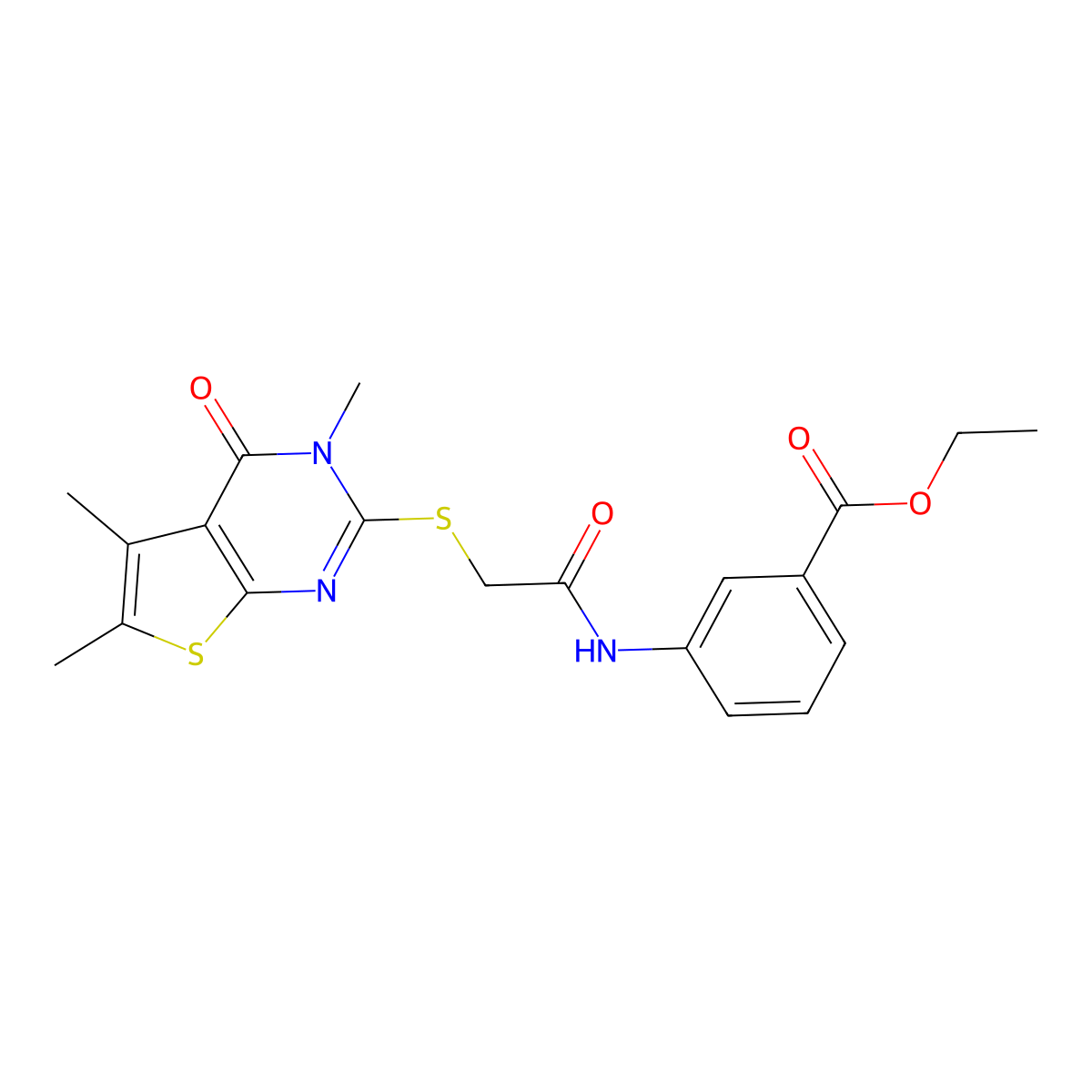 Ethyl 3-(2-((3,5,6-trimethyl-4-oxo-3,4-dihydrothieno[2,3-d]pyrimidin-2-yl)thio)acetamido)benzoate molecular structure, CAS 333406-78-3