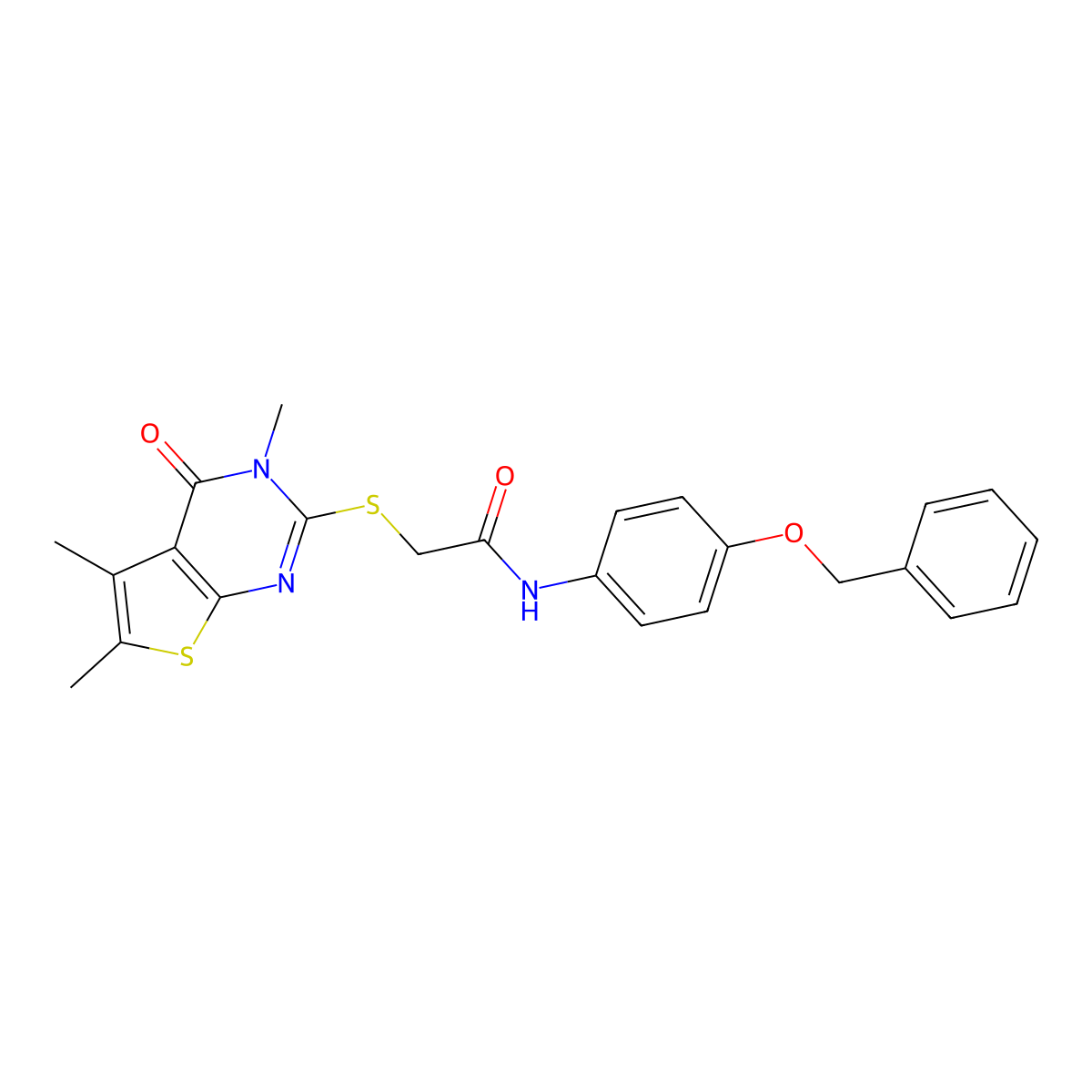 N-(4-phenylmethoxyphenyl)-2-(3,5,6-trimethyl-4-oxothieno[2,3-d]pyrimidin-2-yl)sulfanylacetamide molecular structure, CAS 333406-84-1