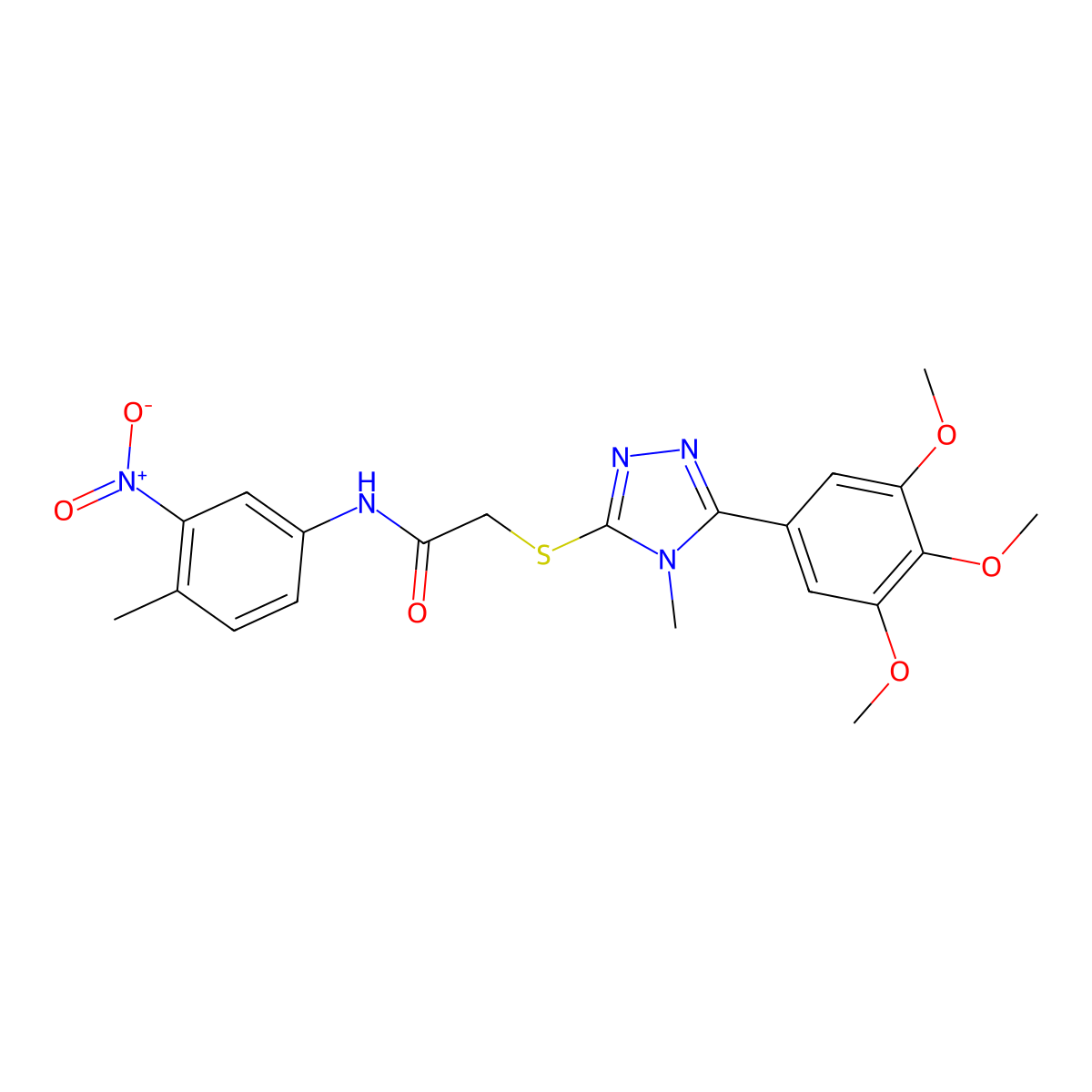 N-{3-nitro-4-methylphenyl}-2-({4-methyl-5-[3,4,5-tris(methyloxy)phenyl]-4H-1,2,4-triazol-3-yl}sulfanyl)acetamide molecular structure, CAS 333412-07-0