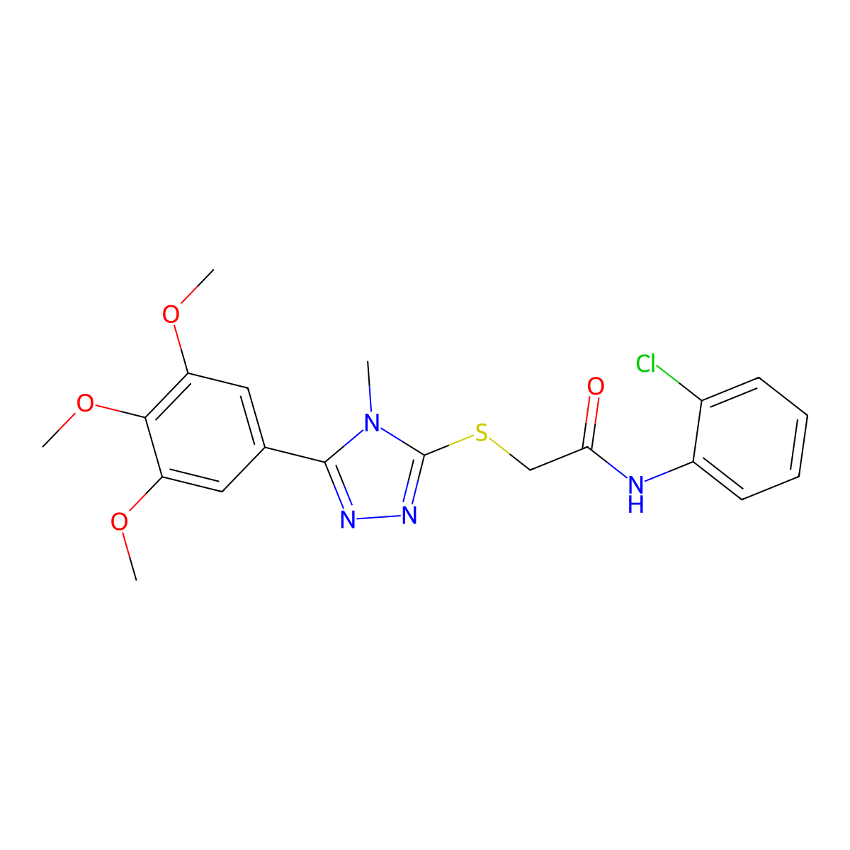 N-(2-chlorophenyl)-2-({4-methyl-5-[3,4,5-tris(methyloxy)phenyl]-4H-1,2,4-triazol-3-yl}sulfanyl)acetamide molecular structure, CAS 333412-21-8