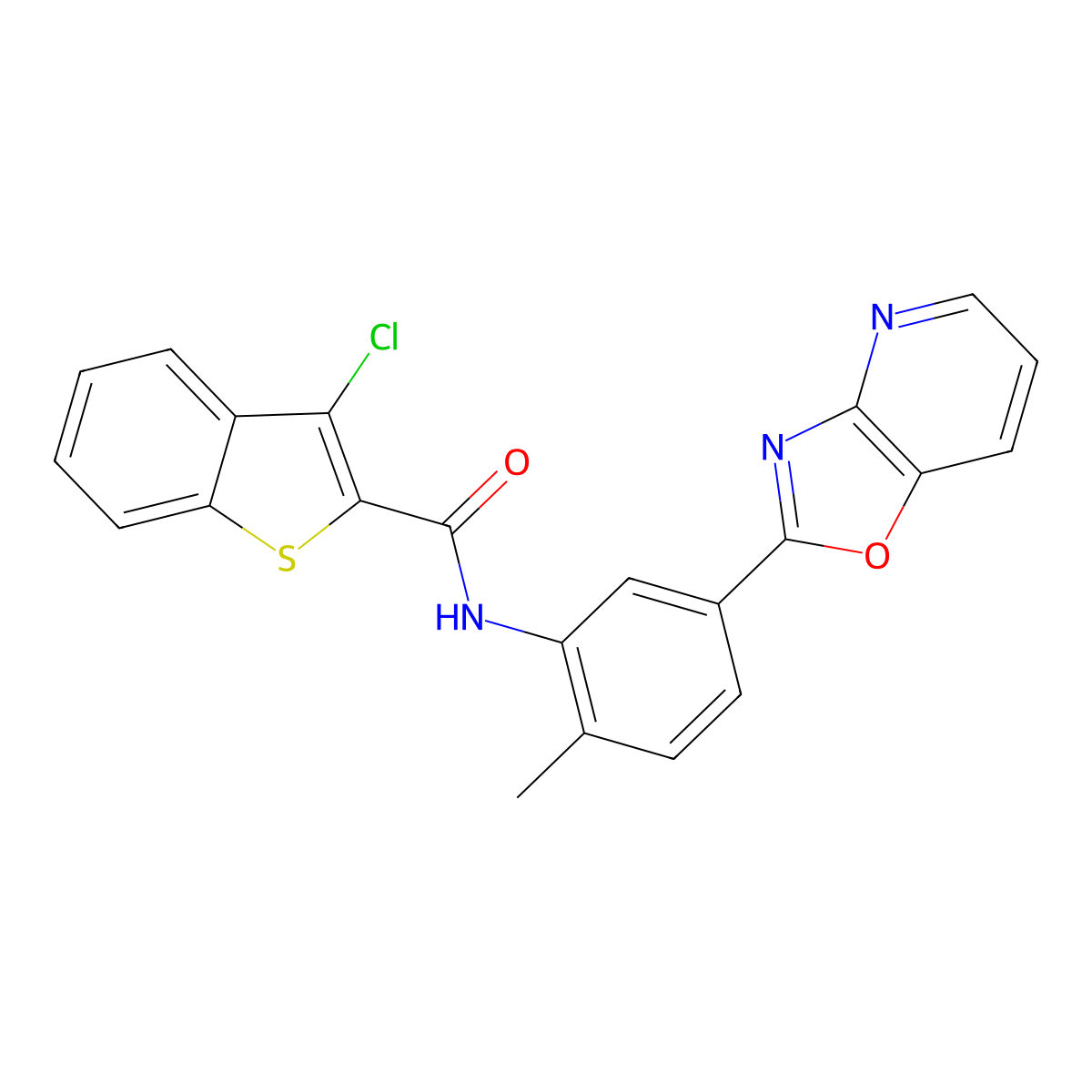 3-chloro-N-[2-methyl-5-([1,3]oxazolo[4,5-b]pyridin-2-yl)phenyl]-1-benzothiophene-2-carboxamide molecular structure, CAS 333413-38-0