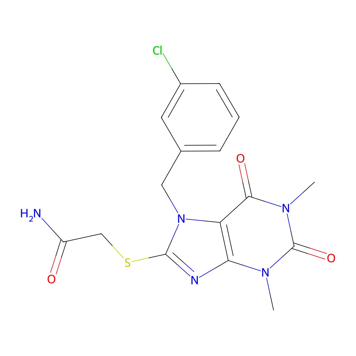 2-[7-[(3-Chlorophenyl)methyl]-1,3-dimethyl-2,6-dioxopurin-8-yl]sulfanylacetamide molecular structure, CAS 333415-46-6