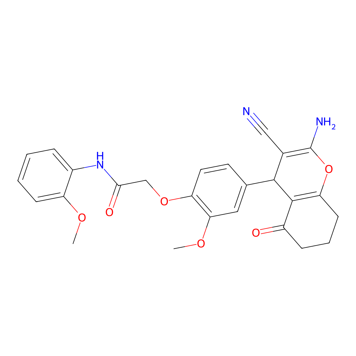 2-(4-(2-Amino-3-cyano-5-oxo-5,6,7,8-tetrahydro-4H-chromen-4-yl)-2-methoxyphenoxy)-N-(2-methoxyphenyl)acetamide molecular structure, CAS 333417-69-9
