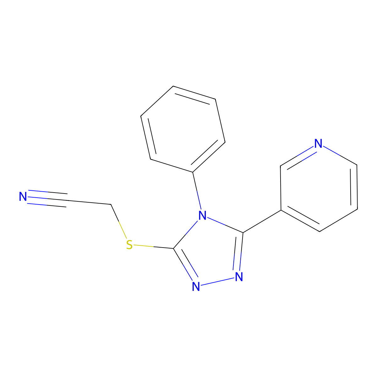 (4-Phenyl-5-pyridin-3-yl-4H-[1,2,4]triazol-3-ylsulfanyl)-acetonitrile molecular structure, CAS 333418-52-3