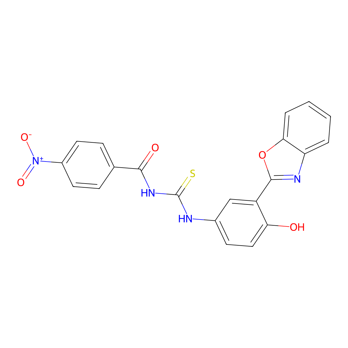 N-[3-(1,3-benzoxazol-2-yl)-4-hydroxyphenyl]-N'-{4-nitrobenzoyl}thiourea molecular structure, CAS 333419-90-2