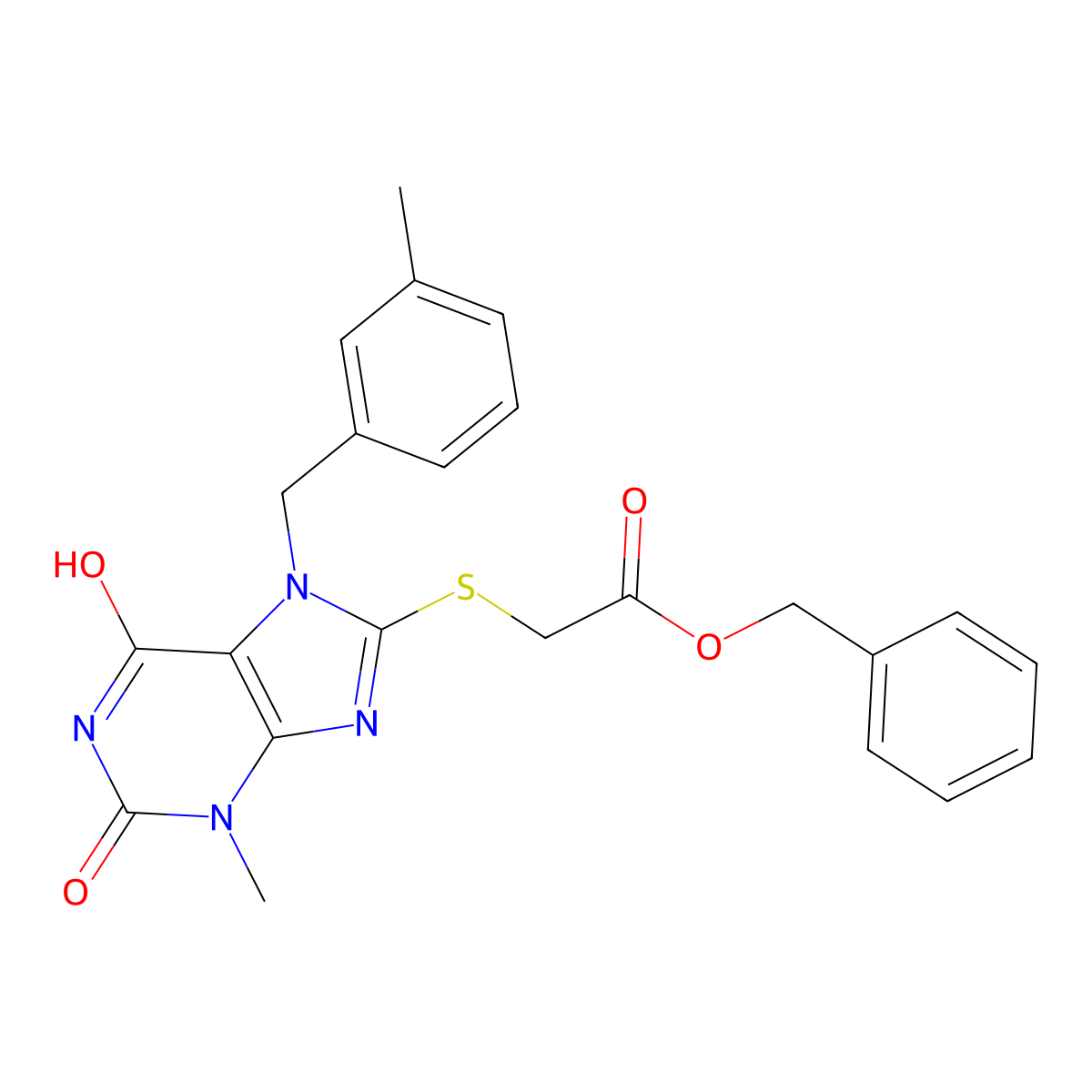 benzyl {[3-methyl-7-(3-methylbenzyl)-2,6-dioxo-2,3,6,7-tetrahydro-1H-purin-8-yl]sulfanyl}acetate molecular structure, CAS 333420-16-9