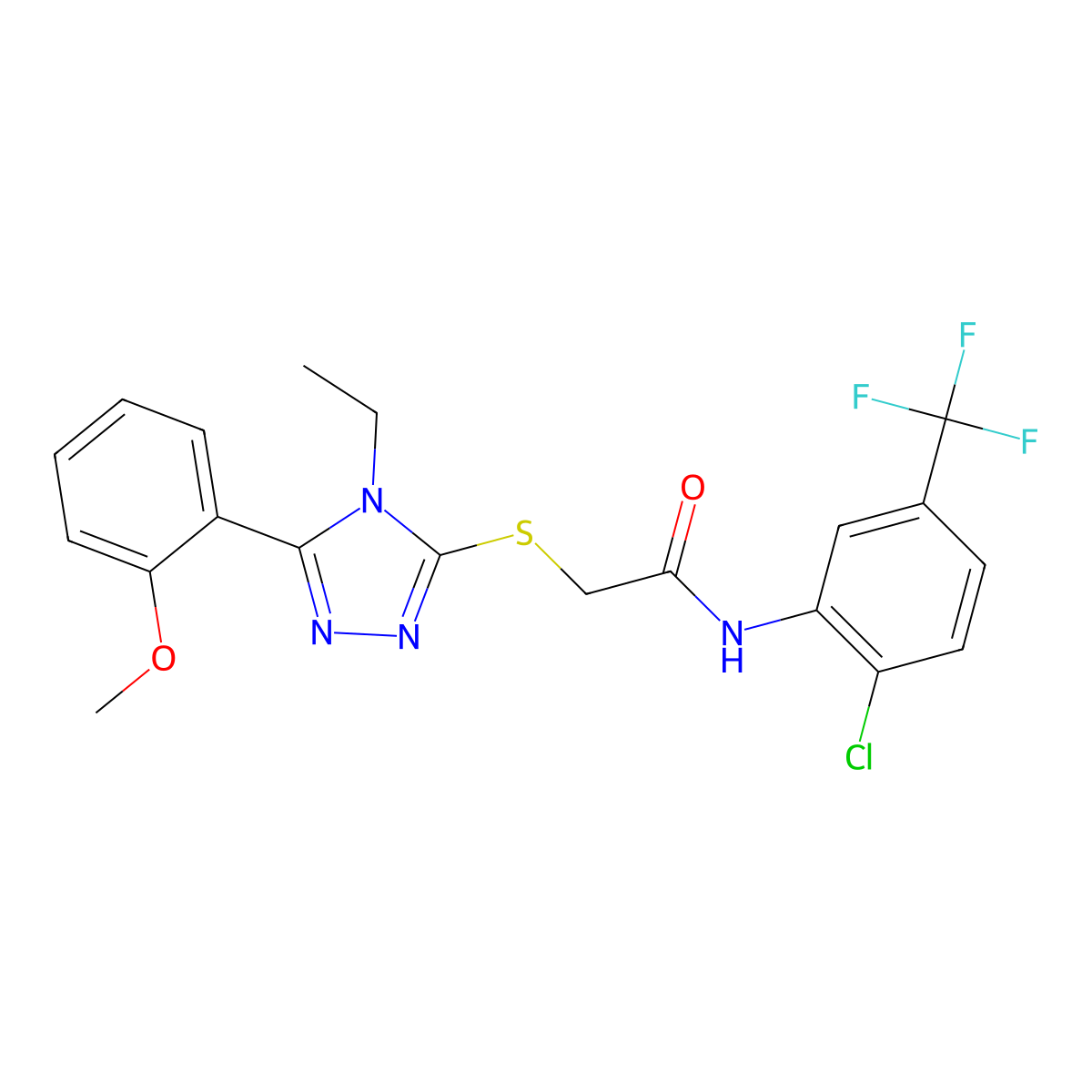 N-(2-Chloro-5-(trifluoromethyl)phenyl)-2-((4-ethyl-5-(2-methoxyphenyl)-4H-1,2,4-triazol-3-yl)thio)acetamide molecular structure, CAS 333423-33-9