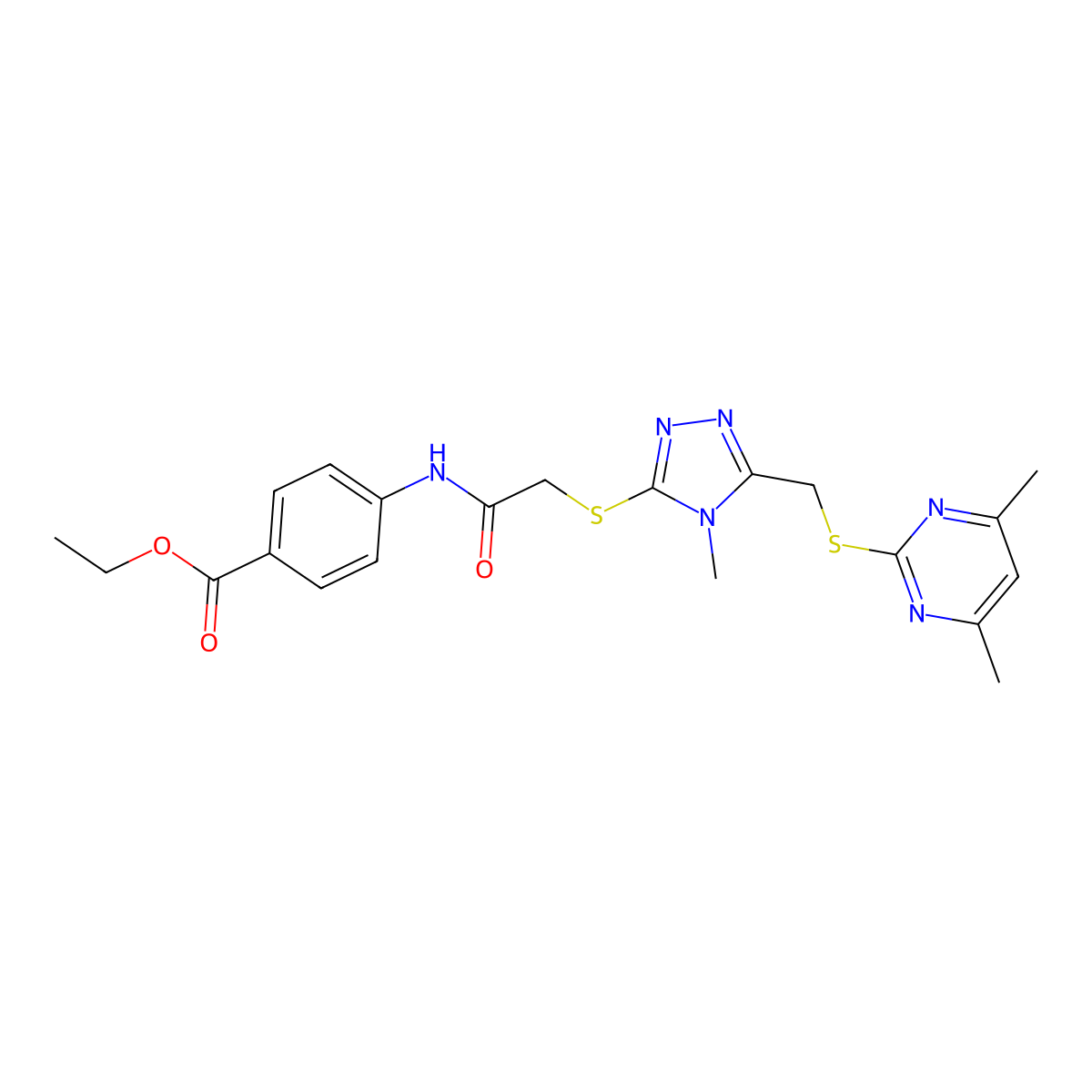 Ethyl 4-[[2-[[5-[(4,6-dimethylpyrimidin-2-yl)sulfanylmethyl]-4-methyl-1,2,4-triazol-3-yl]sulfanyl]acetyl]amino]benzoate molecular structure, CAS 333423-62-4