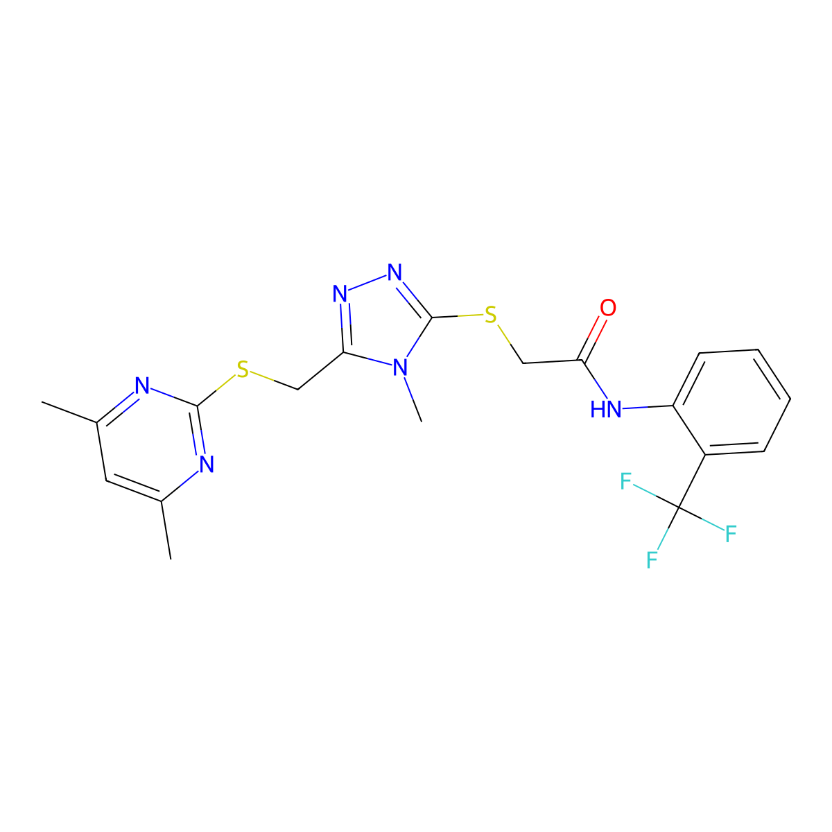 2-[[5-[(4,6-dimethylpyrimidin-2-yl)sulfanylmethyl]-4-methyl-1,2,4-triazol-3-yl]sulfanyl]-N-[2-(trifluoromethyl)phenyl]acetamide molecular structure, CAS 333423-67-9