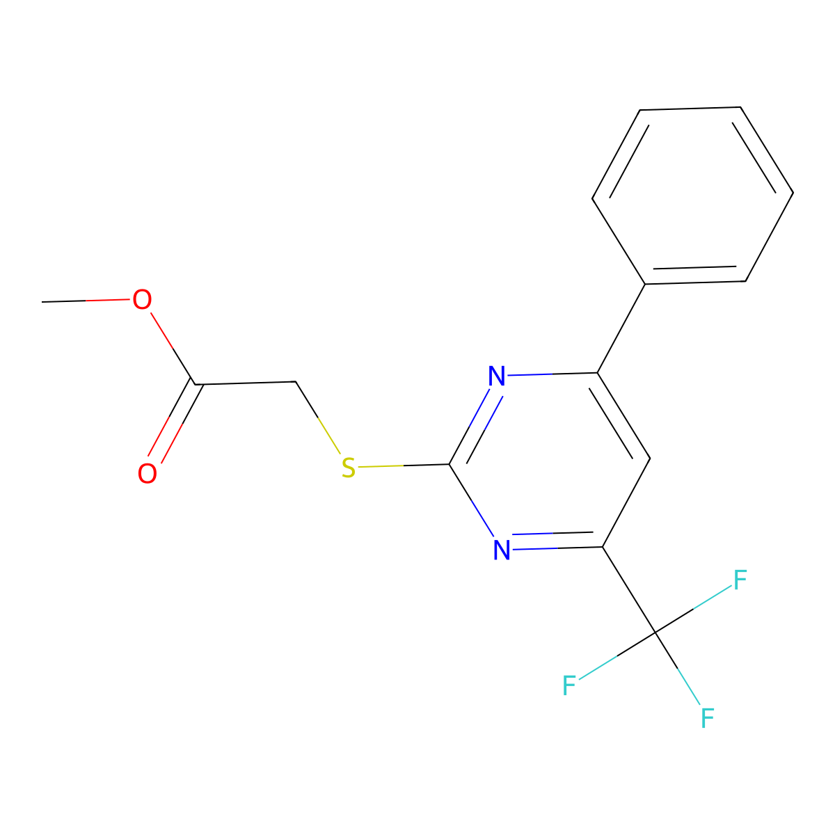 Methyl 2-((4-phenyl-6-(trifluoromethyl)pyrimidin-2-yl)thio)acetate molecular structure, CAS 333425-53-9
