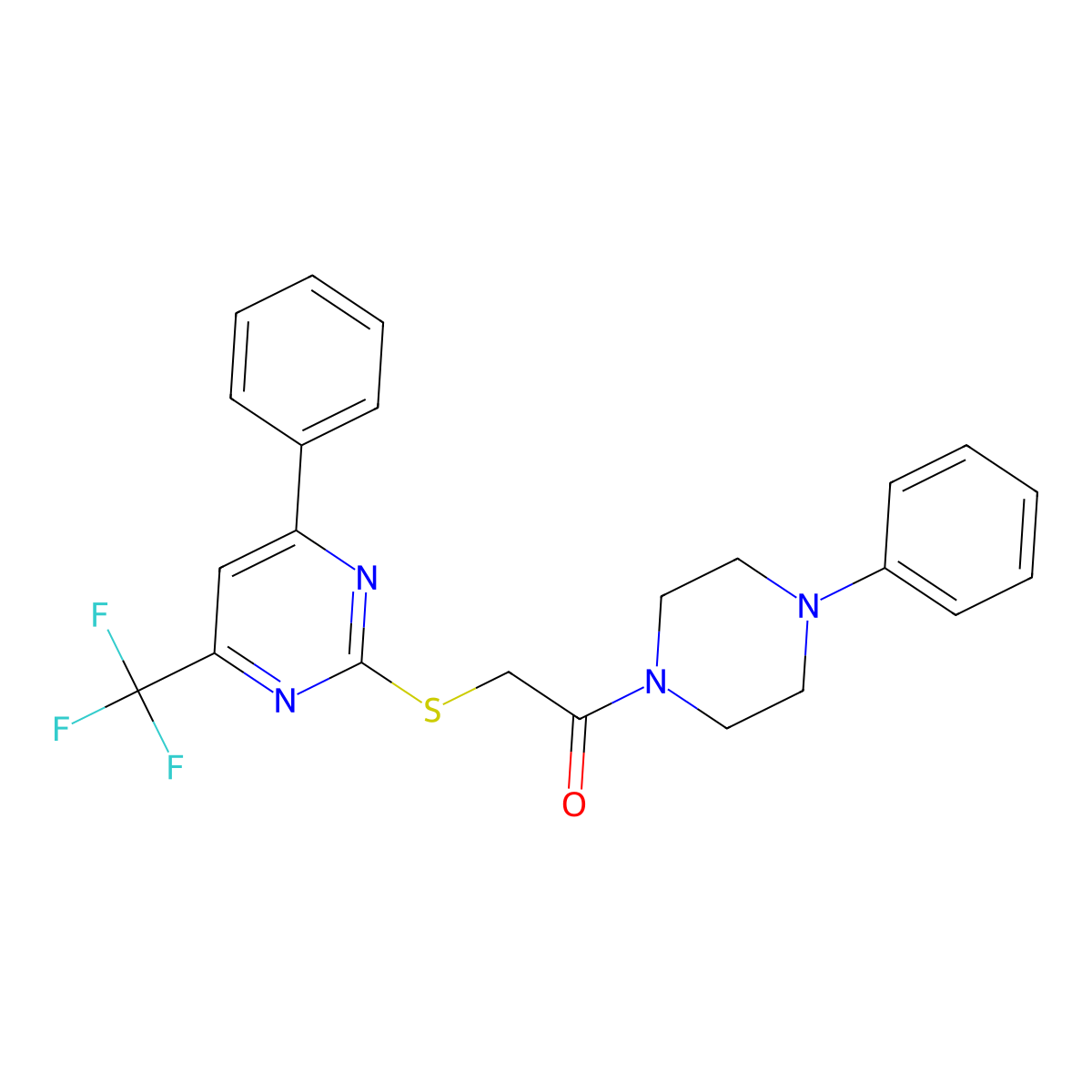 1-(4-Phenylpiperazin-1-yl)-2-[4-phenyl-6-(trifluoromethyl)pyrimidin-2-yl]sulfanylethanone molecular structure, CAS 333425-79-9