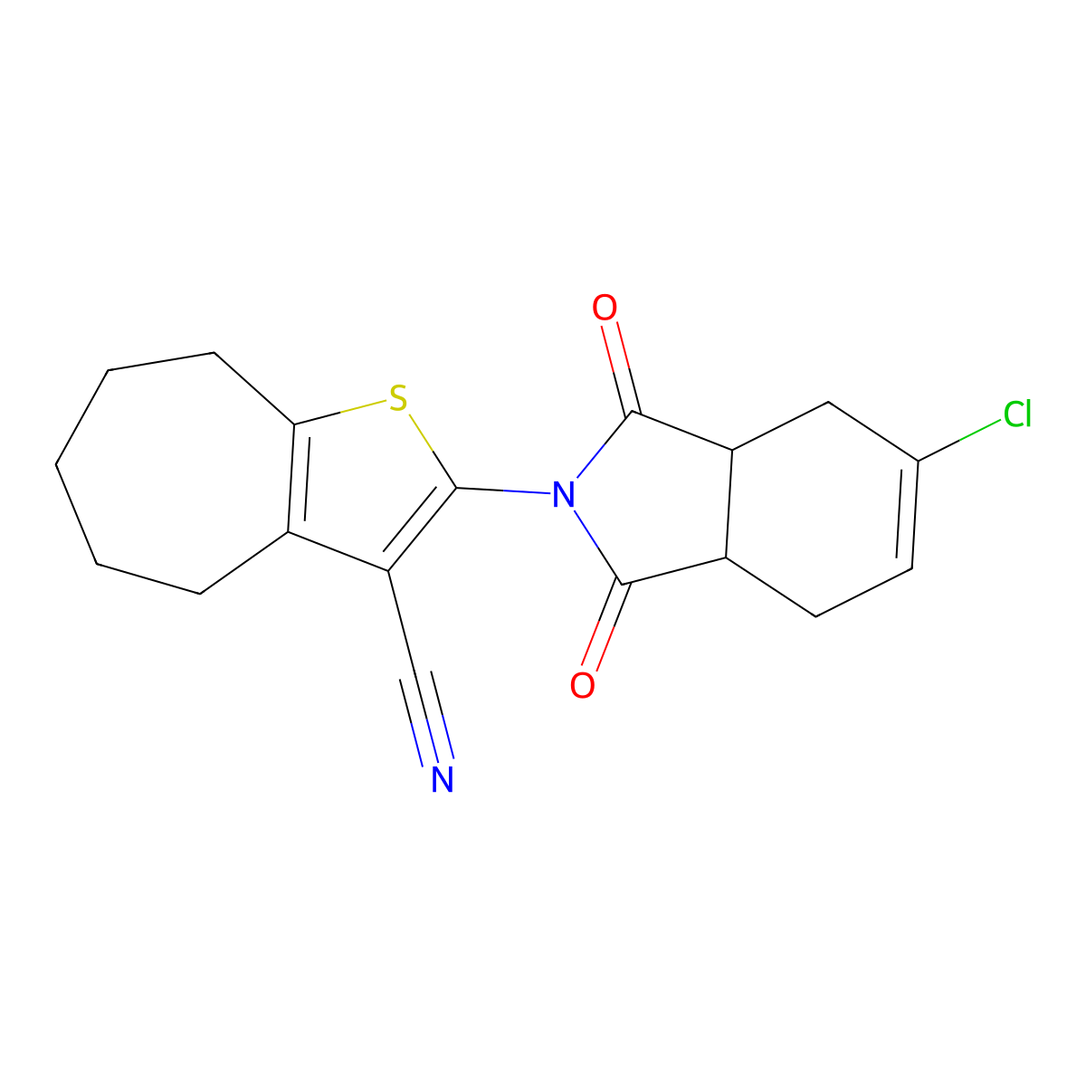 2-(5-chloro-1,3-dioxo-3a,4,7,7a-tetrahydroisoindol-2-yl)-5,6,7,8-tetrahydro-4H-cyclohepta[b]thiophene-3-carbonitrile molecular structure, CAS 333435-38-4