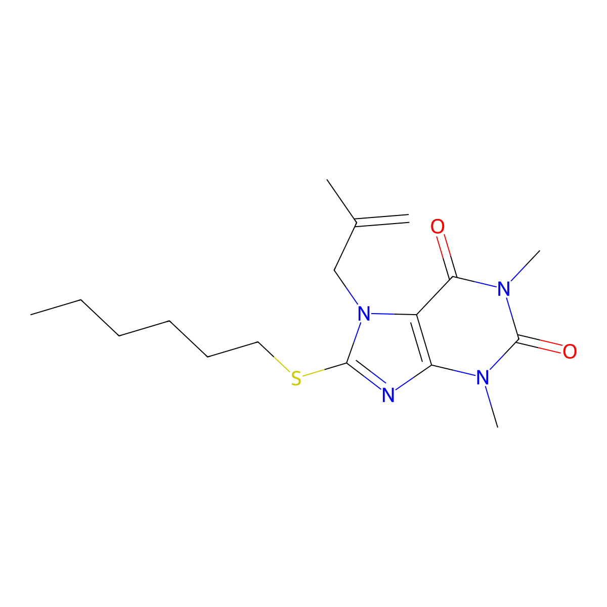 8-Hexylsulfanyl-1,3-dimethyl-7-(2-methylprop-2-enyl)purine-2,6-dione molecular structure, CAS 333435-94-2