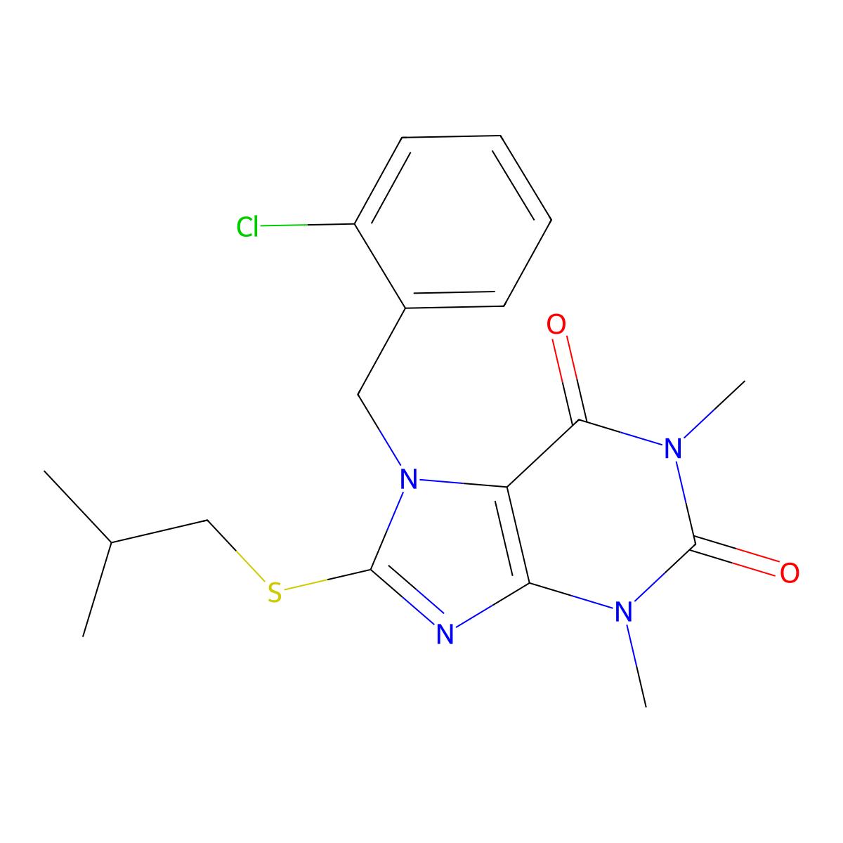 7-[(2-Chlorophenyl)methyl]-1,3-dimethyl-8-(2-methylpropylsulfanyl)purine-2,6-dione molecular structure, CAS 333435-96-4