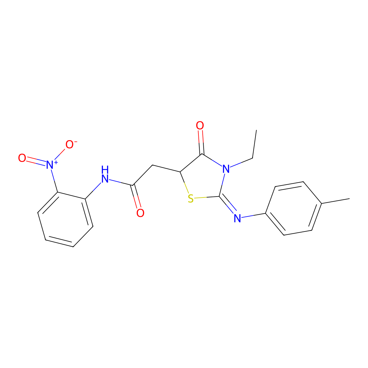 2-{3-ethyl-2-[(4-methylphenyl)imino]-4-oxo-1,3-thiazolidin-5-yl}-N-{2-nitrophenyl}acetamide molecular structure, CAS 333441-13-7