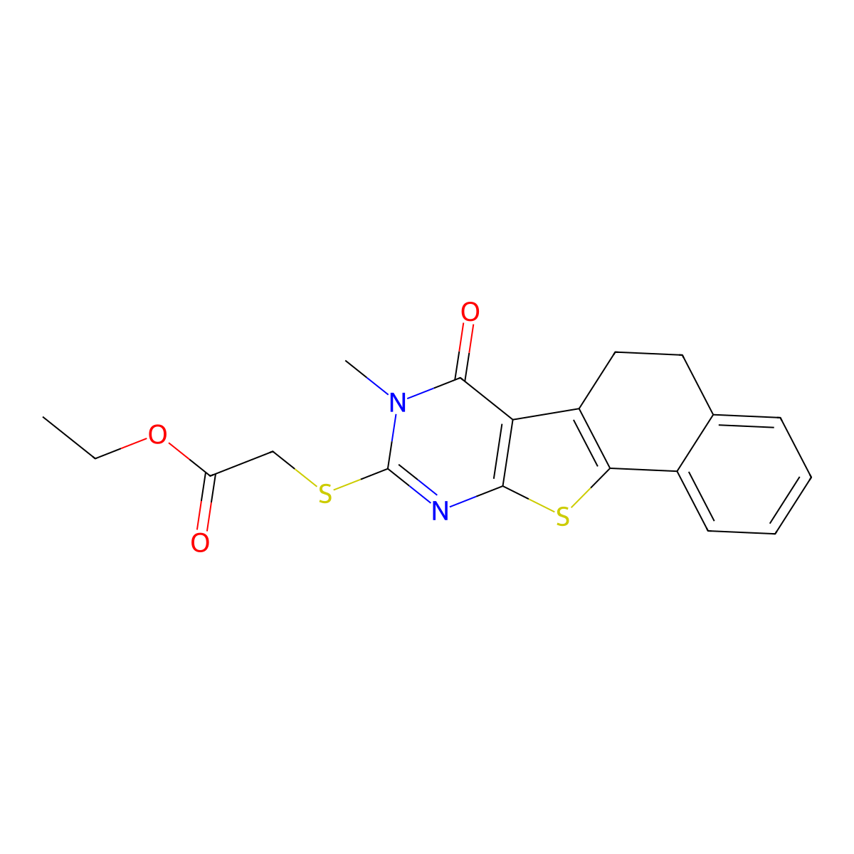 Ethyl 2-((8-methyl-7-oxo-5,6,7,8-tetrahydronaphtho[2',1':4,5]thieno[2,3-d]pyrimidin-9-yl)thio)acetate molecular structure, CAS 333445-53-7