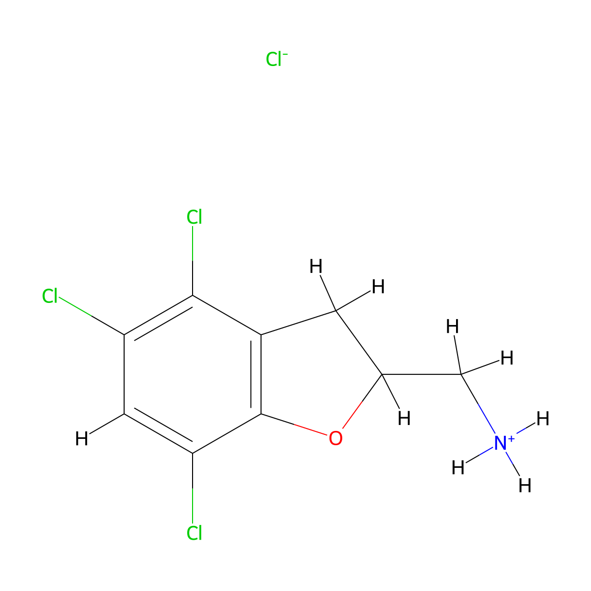1-(4,5,7-Trichloro-2,3-dihydro-1-benzofuran-2-yl)methanamine--hydrogen chloride (1/1) molecular structure, CAS 33357-29-8