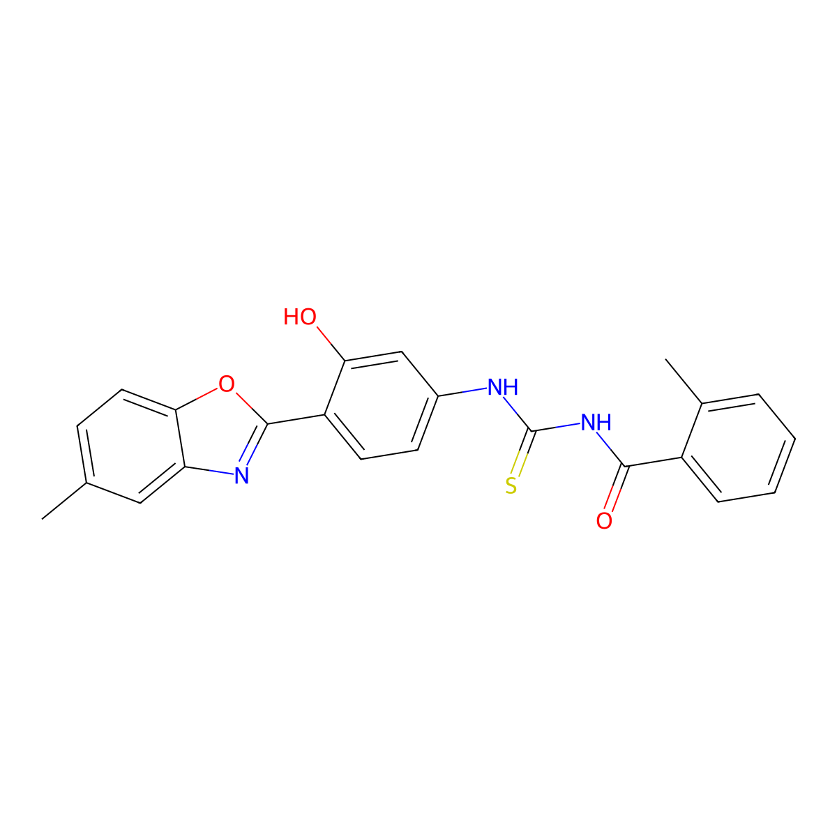 N-((3-hydroxy-4-(5-methylbenzo[d]oxazol-2-yl)phenyl)carbamothioyl)-2-methylbenzamide molecular structure, CAS 333740-72-0