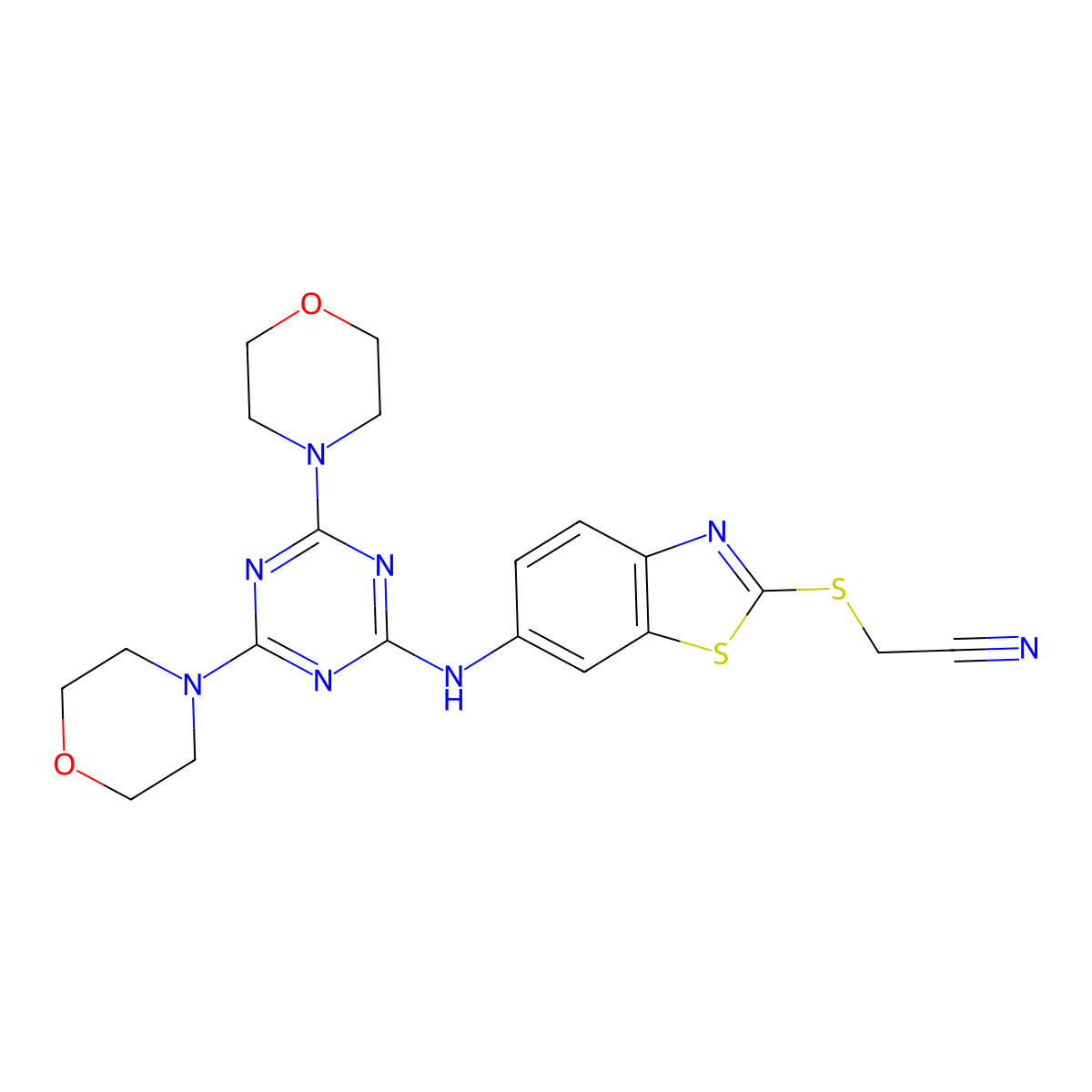 2-[[6-[(4,6-Dimorpholin-4-yl-1,3,5-triazin-2-yl)amino]-1,3-benzothiazol-2-yl]sulfanyl]acetonitrile molecular structure, CAS 333741-75-6