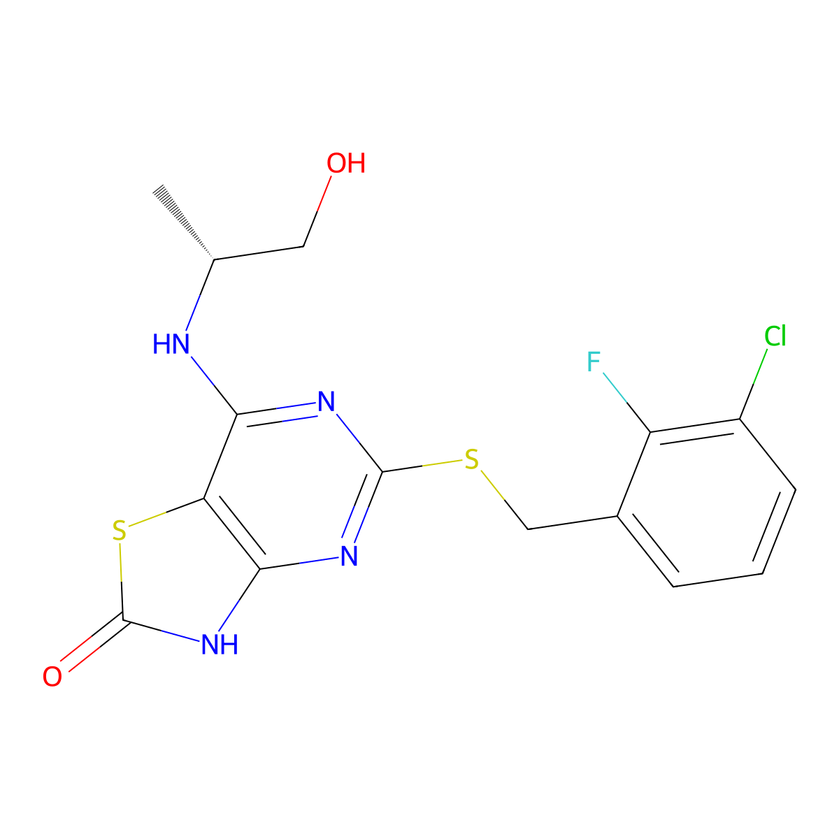 5-[[(3-Chloro-2-fluorophenyl)methyl]thio]-7-[[(1R)-2-hydroxy-1-methylethyl]amino]thiazolo[4,5-d]pyrimidin-2(3H)-one molecular structure, CAS 333742-63-5