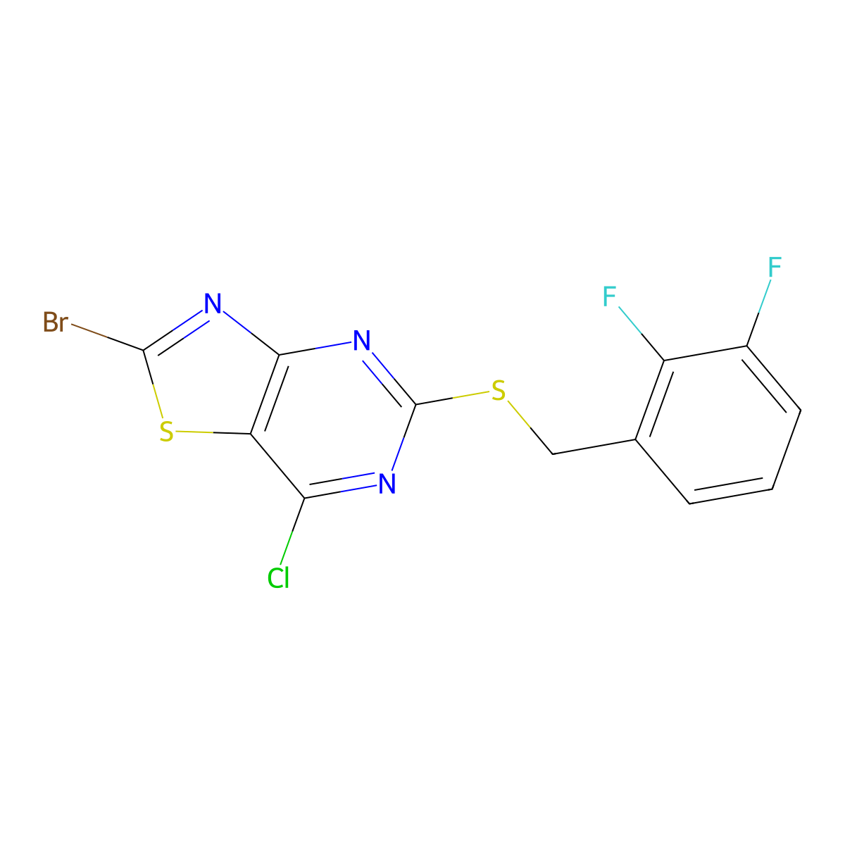 2-Bromo-7-chloro-5-((2,3-difluorobenzyl)thio)thiazolo[4,5-d]pyrimidine molecular structure, CAS 333743-68-3