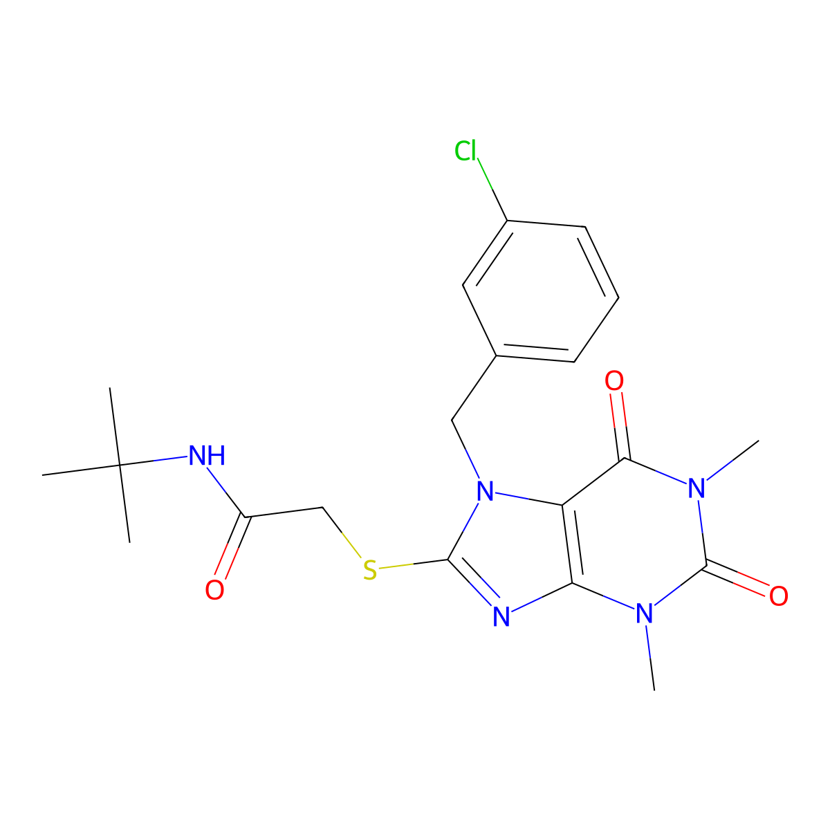 N-tert-butyl-2-[7-[(3-chlorophenyl)methyl]-1,3-dimethyl-2,6-dioxopurin-8-yl]sulfanylacetamide molecular structure, CAS 333744-77-7