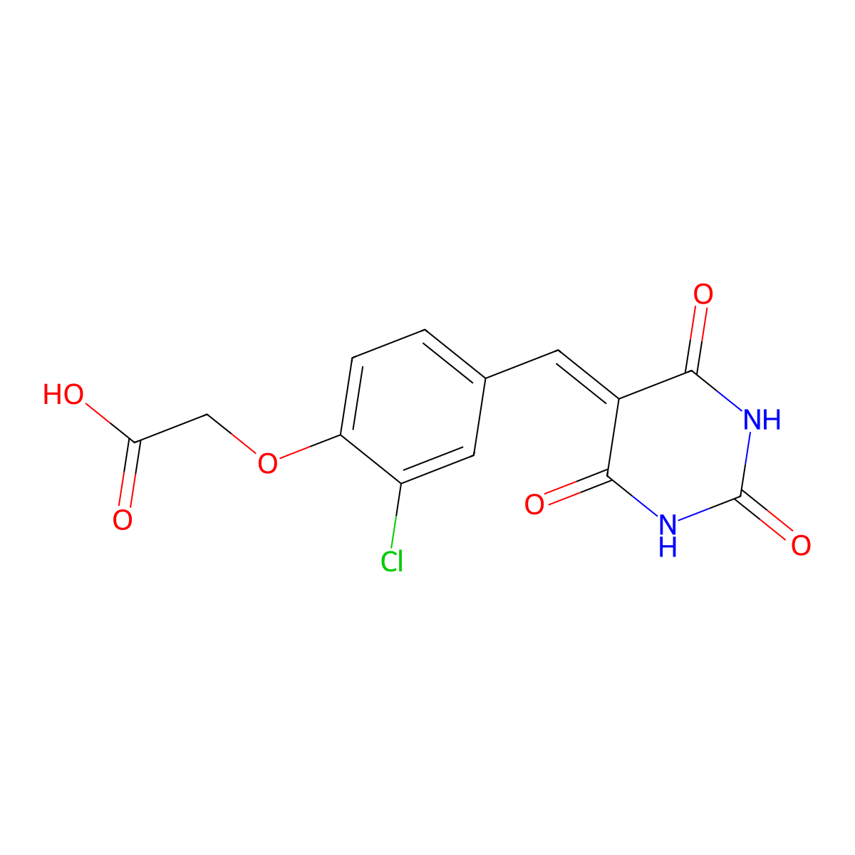 2-(2-Chloro-4-((tetrahydro-2,4,6-trioxo-5(2H)-pyrimidinylidene)methyl)phenoxy)acetic acid molecular structure, CAS 333745-19-0