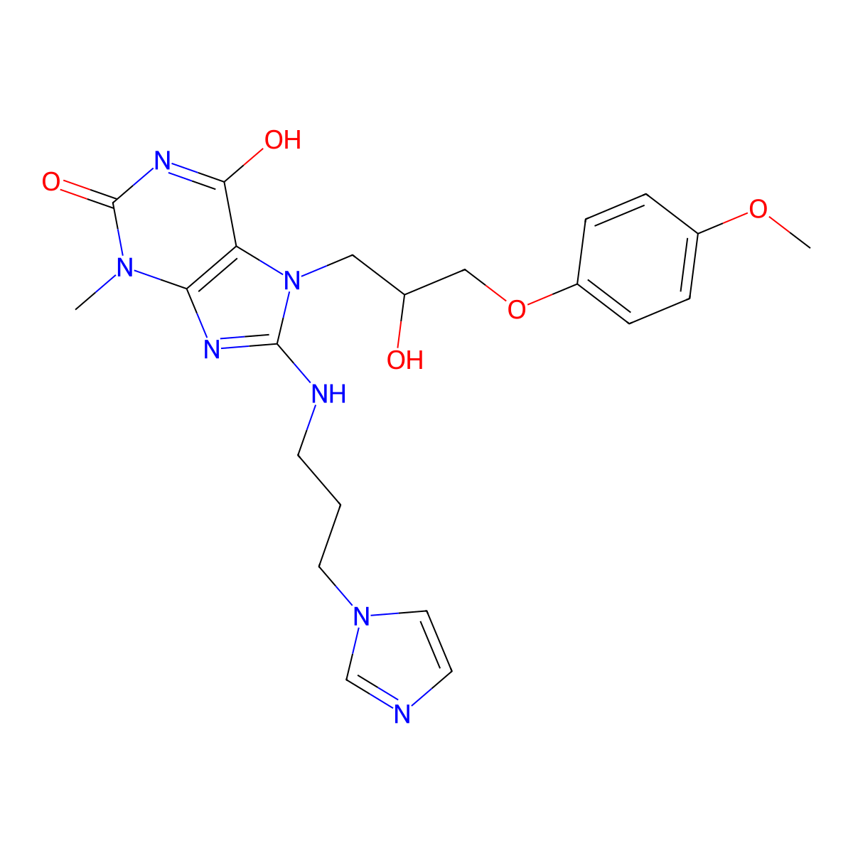 8-((3-(1H-imidazol-1-yl)propyl)amino)-7-(2-hydroxy-3-(4-methoxyphenoxy)propyl)-3-methyl-1H-purine-2,6(3H,7H)-dione molecular structure, CAS 333752-10-6