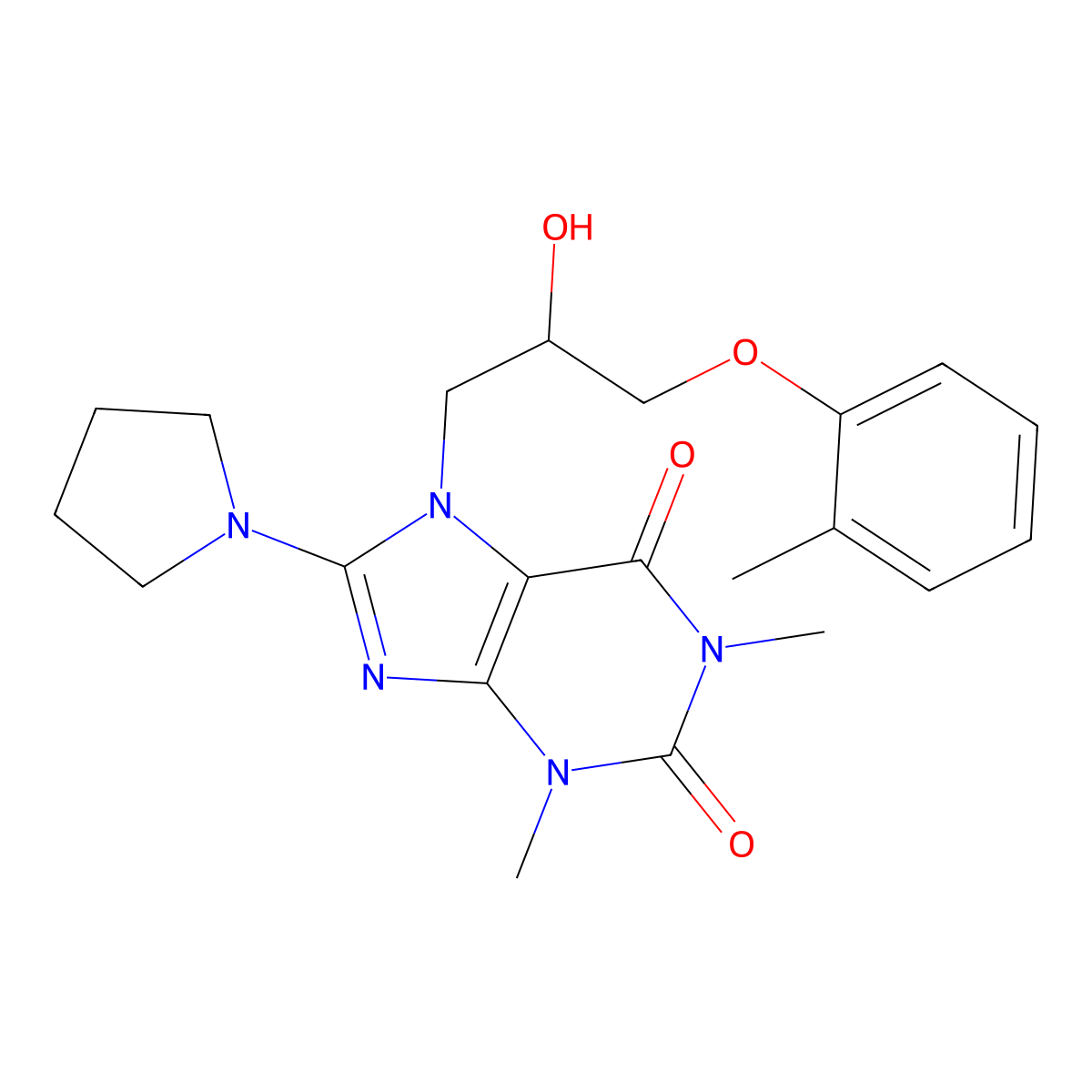 7-(2-hydroxy-3-(o-tolyloxy)propyl)-1,3-dimethyl-8-(pyrrolidin-1-yl)-1H-purine-2,6(3H,7H)-dione molecular structure, CAS 333752-12-8