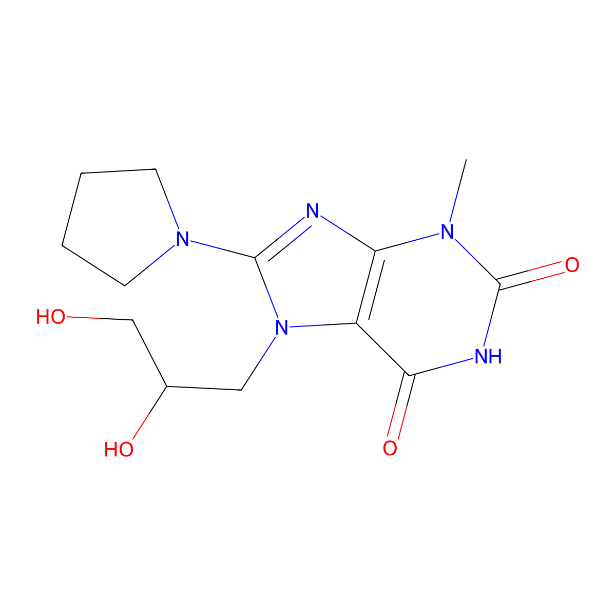 7-(2,3-dihydroxypropyl)-3-methyl-8-(pyrrolidin-1-yl)-1H-purine-2,6(3H,7H)-dione molecular structure, CAS 333752-13-9