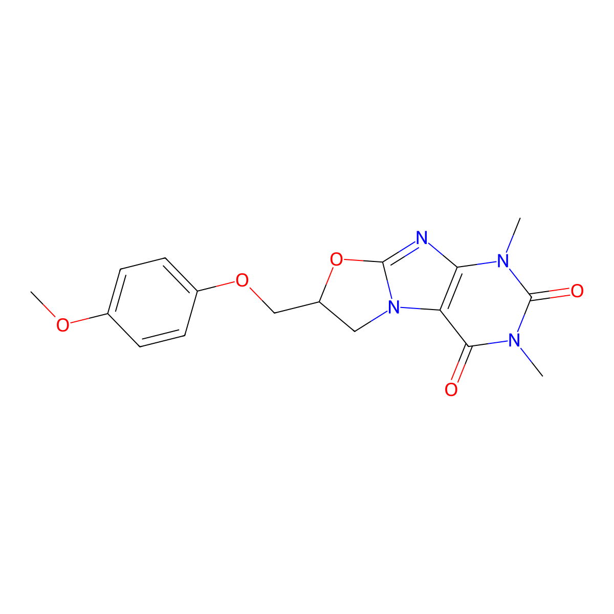7-((4-methoxyphenoxy)methyl)-1,3-dimethyl-6,7-dihydrooxazolo[2,3-f]purine-2,4(1H,3H)-dione molecular structure, CAS 333752-22-0